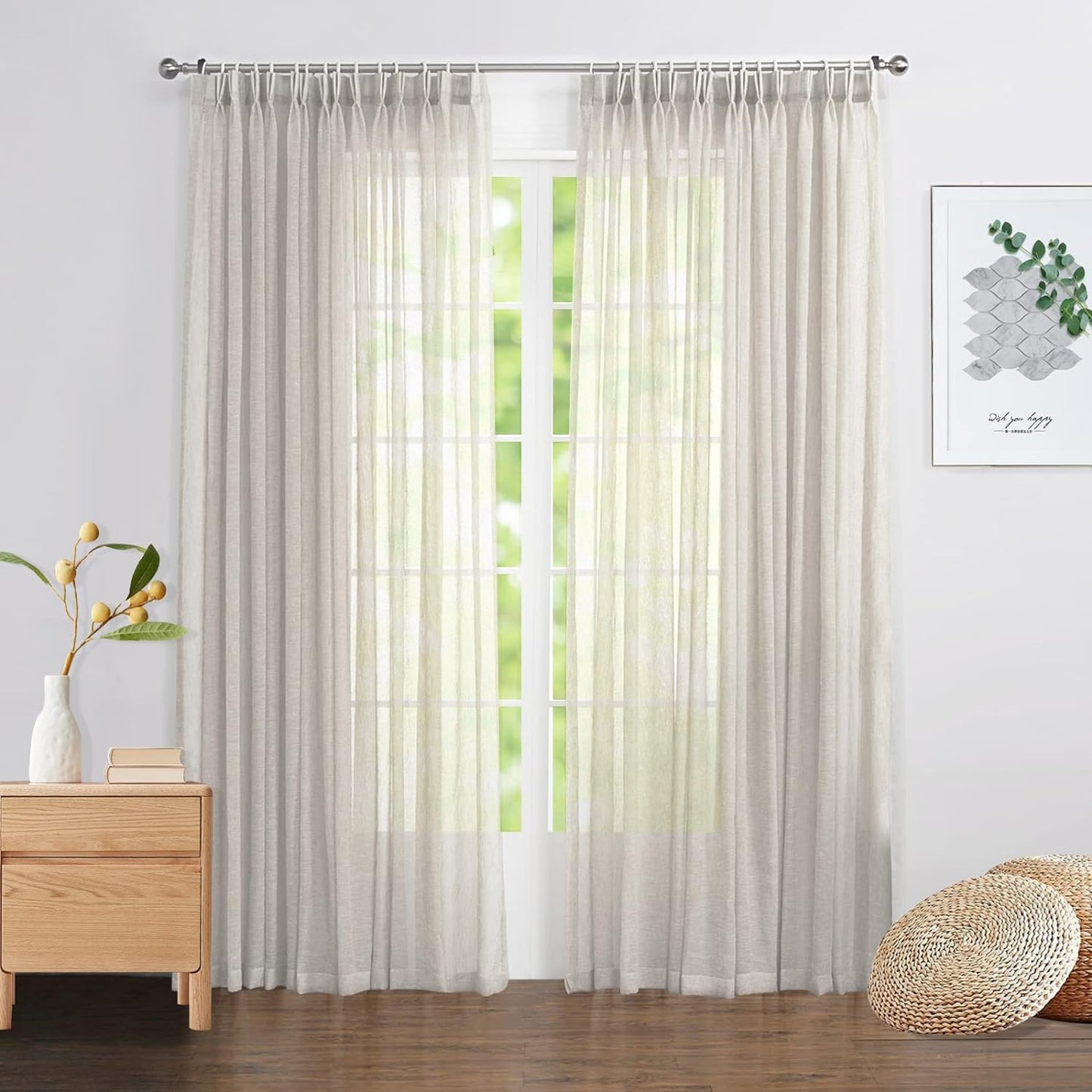 LANTIME Pinch Pleats Sheer Curtains, Faux Linen Extra Long Window Sheer Curtains Panels Drapery for Home, Hotel, Office, 52" W X 102" L, Set of 2, Camel  LANTIME   