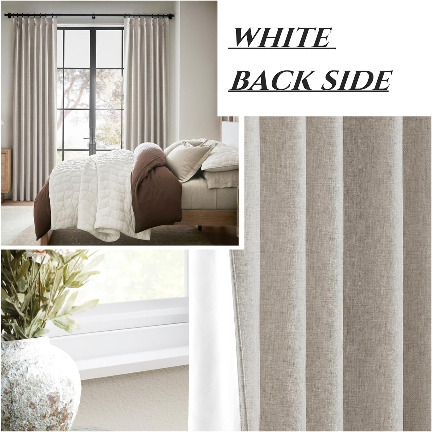 Natural Linen Pinch Pleated Blackout Curtains & Drapes 96 Inch Long Bedroom/Livingroom Farmhouse Curtains 2 Panel Sets, Neutral Track Room Darkening Thermal Insulated 8Ft Back Tab Window Curtain  QJmydeco   