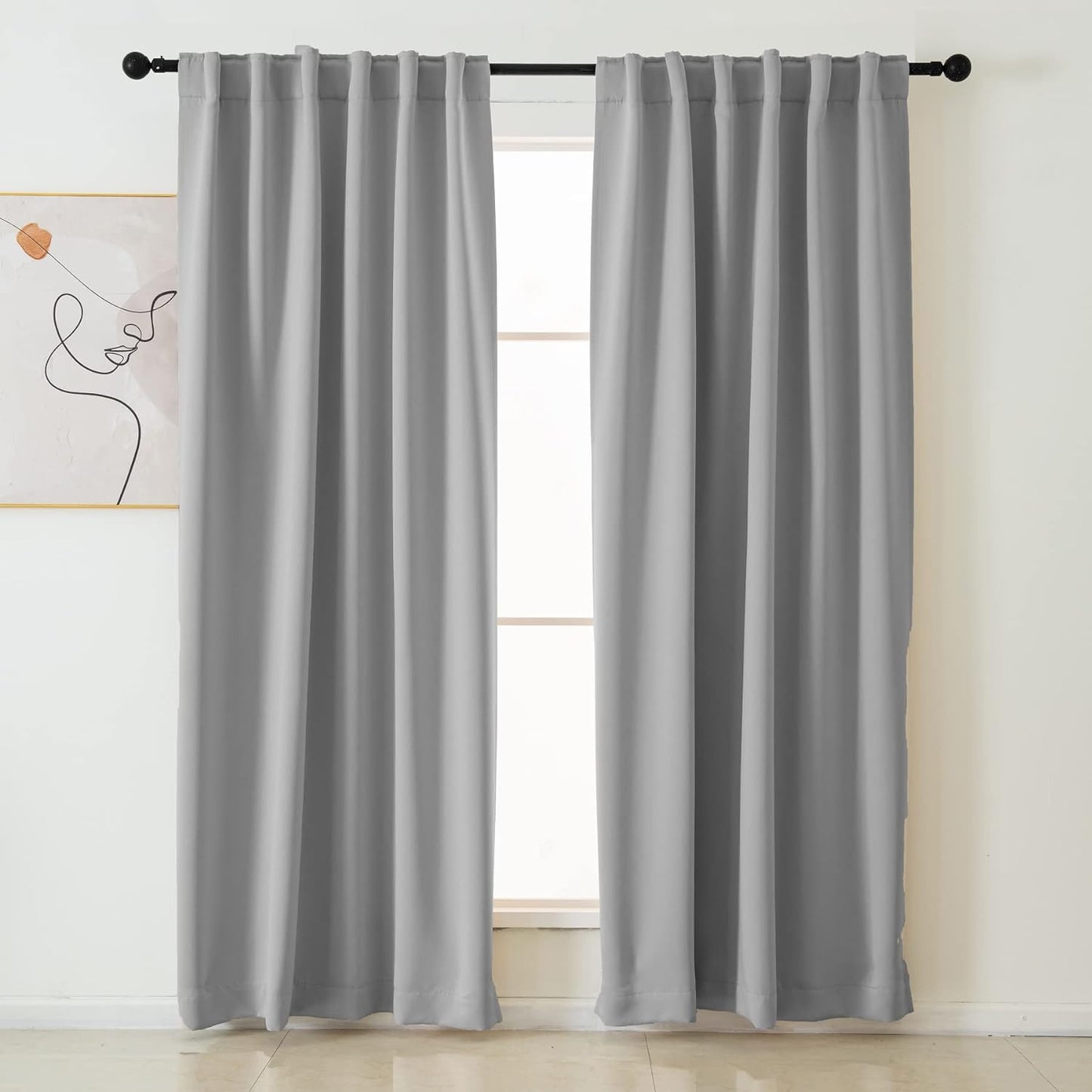 Pickluc Blackout Curtains 96 Inches Long 2 Panels, Black Out Drapes for Bedroom or Living Room, Back Tab and Rod Pocket Top, Set of Two, Dark Grey, 52" Wide and 96" Length.  Pickluc Light Grey 52"W X 96"L 