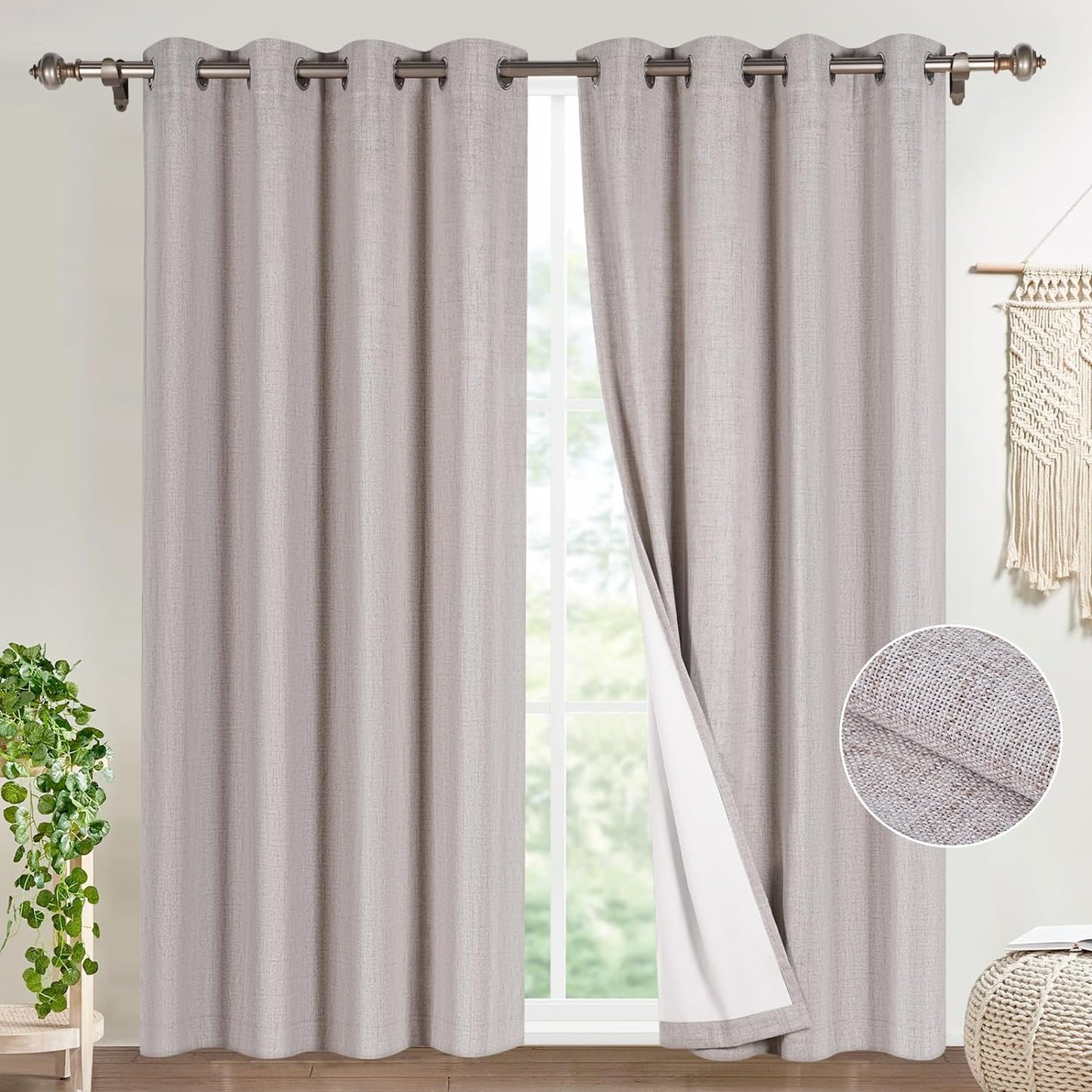 Timeles 100% Blackout Window Curtains 84 Inch Length for Living Room Textured Linen Curtains Sliver Grommet Pinch Pleated Room Darkening Curtain with White Liner/Ties(2 Panel W52 X L84, Ivory)  Timeles Natural W52" X L84" 