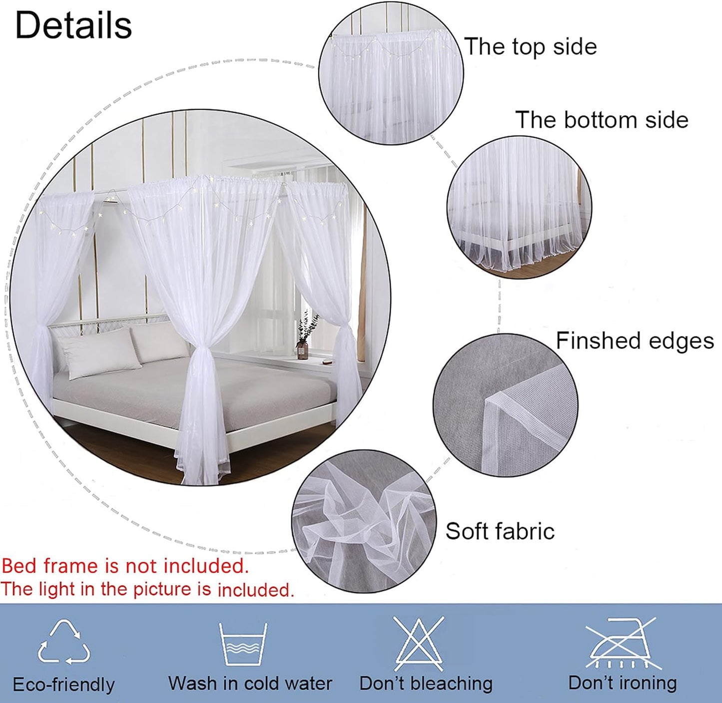 Akiky Princess Canopy Bed Curtains Bed Canopy Curtains with Lights for Queen Size Bed Drapes,8 Panels Canopies with 2 Lights,Room Décor (Full/Queen, White)  Akiky   
