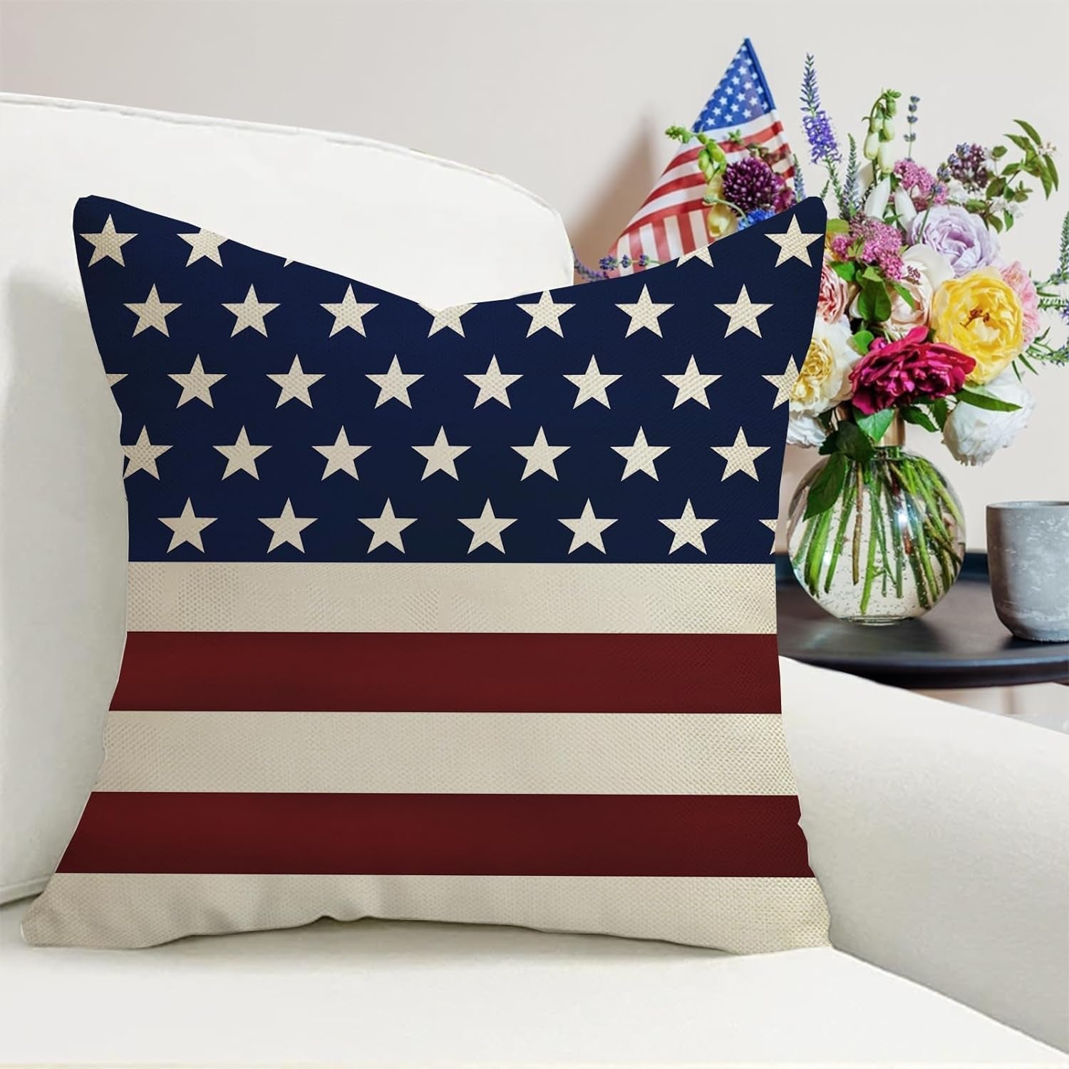 4Th of July Patriotic Decorative Throw Pillow Covers 18X18 Set of 4, America USA Rustic Red White Blue Stripes Stars Outdoor Pillowcase, American Independence Day Cushion Case Home Decor