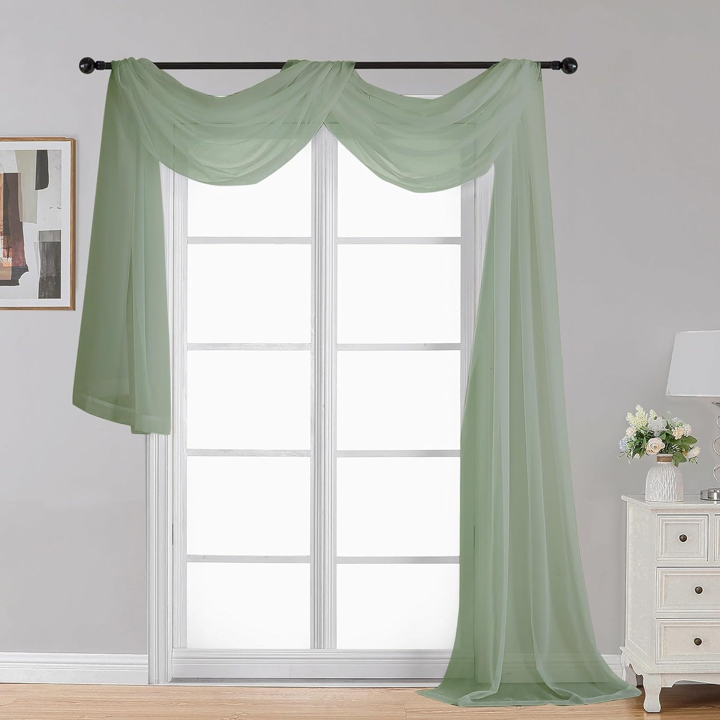 OWENIE White Sheer Valance for Window, Small Short Rod Pocket Voile Valance Curtain Window Treatment Decor for Living Room Bathroom Kitchen Cafe Laundry Basement, 60" W X 14" L  OWENIE Sage Green 42W X 216L 