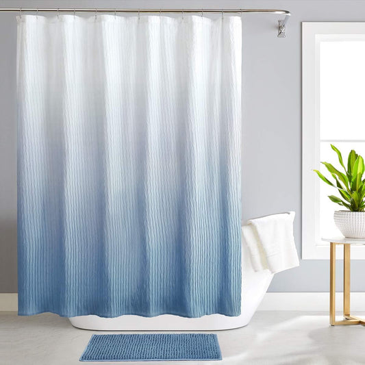 Ombre Shower Curtain Set with Rugs and Hooks for Bathroom Textured Waterproof Gradient Fabric Bath Shower Curtain 72 X 72 Inches Blue