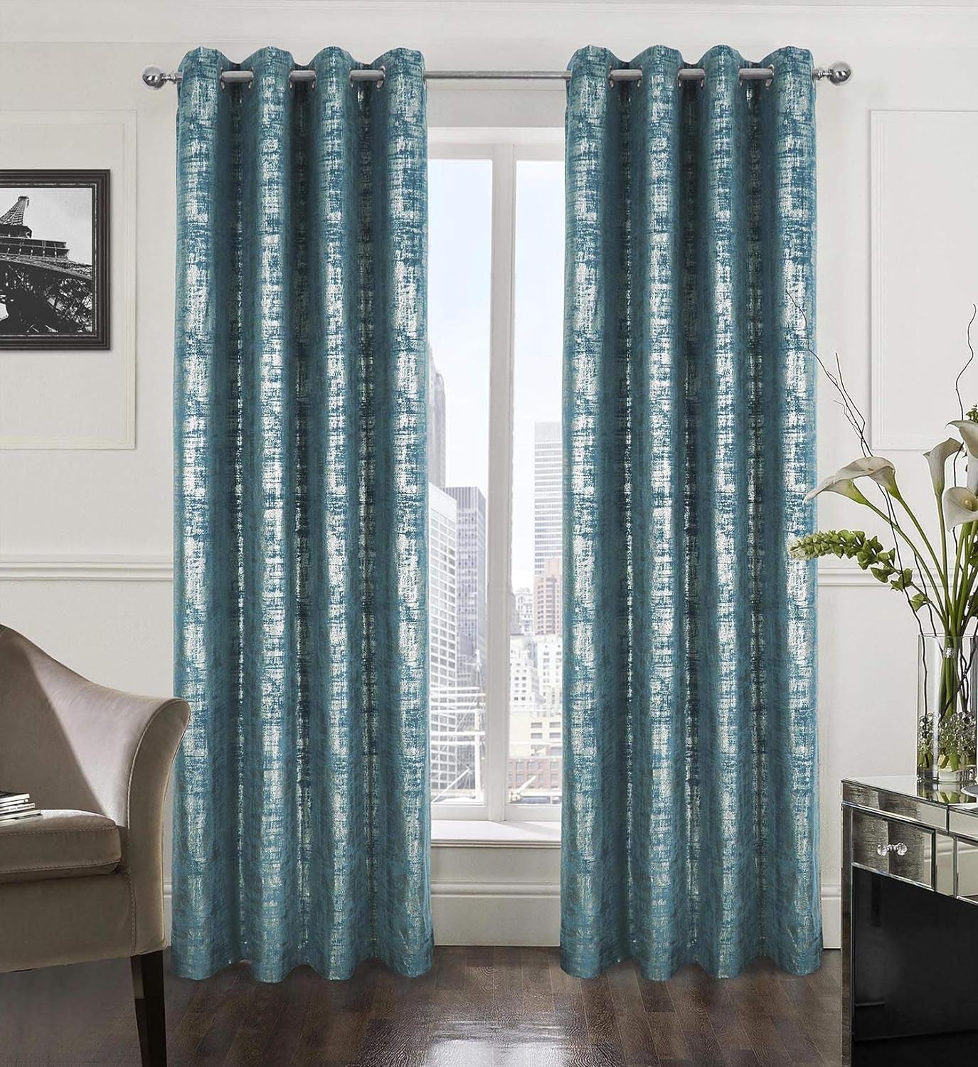 Always4U Soft Velvet Curtains 95 Inch Length Luxury Bedroom Curtains Gold Foil Print Window Curtains for Living Room 1 Panel White  always4u Teal (Silver Print) 2 Panels: 52''W*84''L 