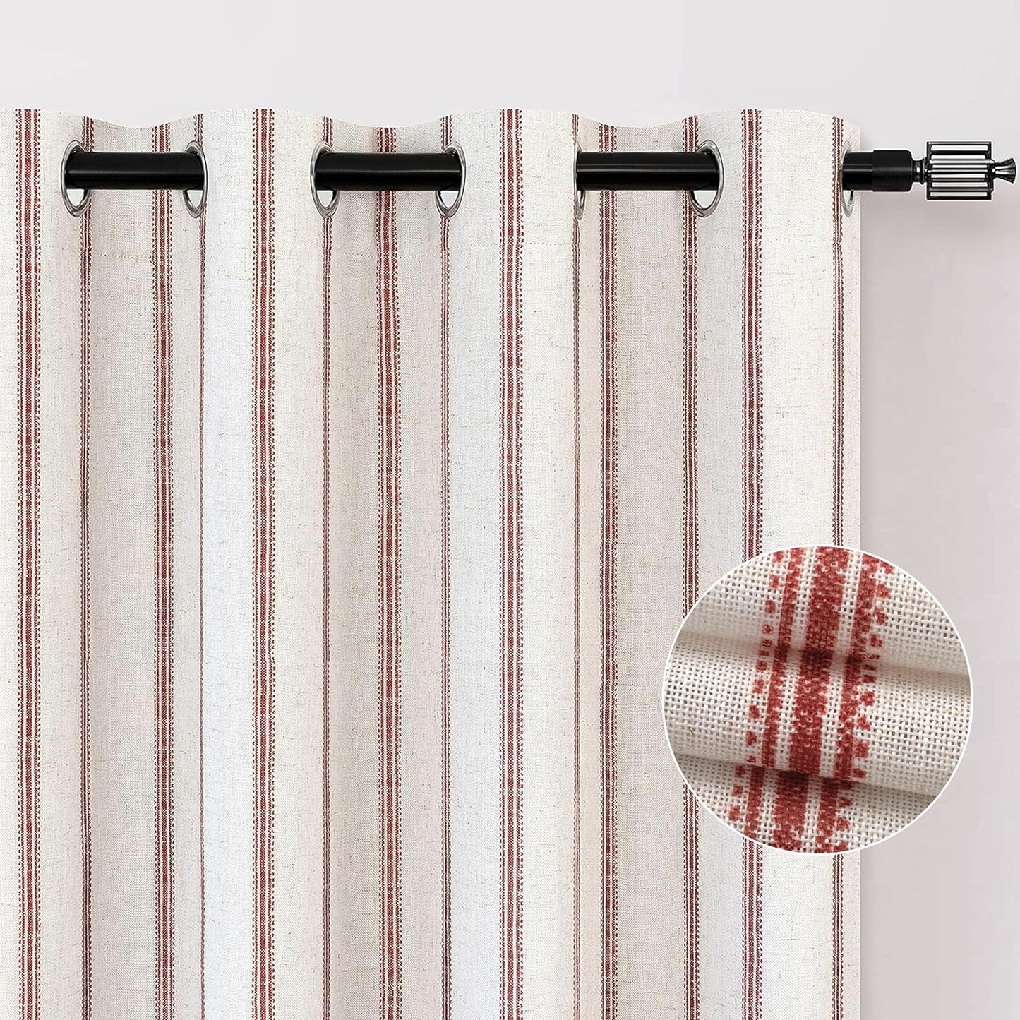 Driftaway Farmhouse Linen Blend Blackout Curtains 84 Inches Long for Bedroom Vertical Striped Printed Linen Curtains Thermal Insulated Grommet Lined Treatments for Living Room 2 Panels W52 X L84 Grey  DriftAway Red 52"X96" 