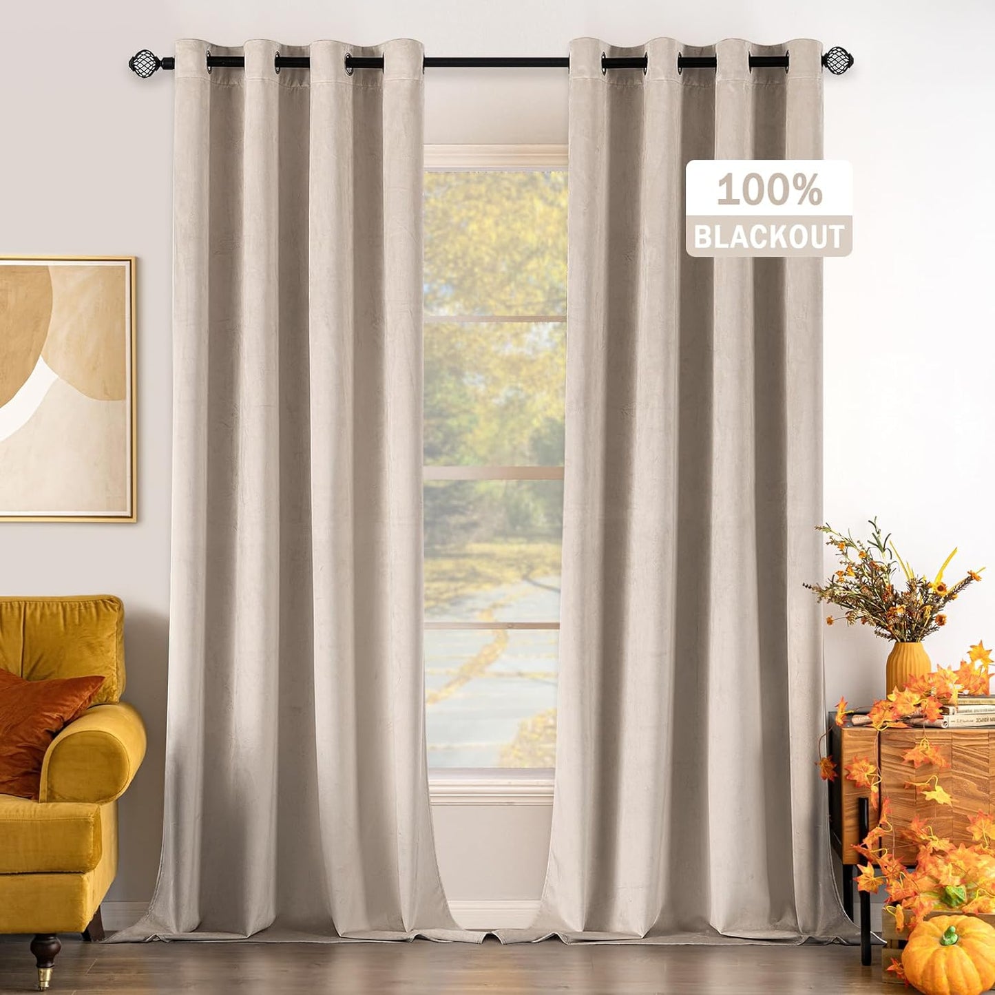 EMEMA Olive Green Velvet Curtains 84 Inch Length 2 Panels Set, Room Darkening Luxury Curtains, Grommet Thermal Insulated Drapes, Window Curtains for Living Room, W52 X L84, Olive Green  EMEMA 100 Blackout/ Beige W52" X L96" 