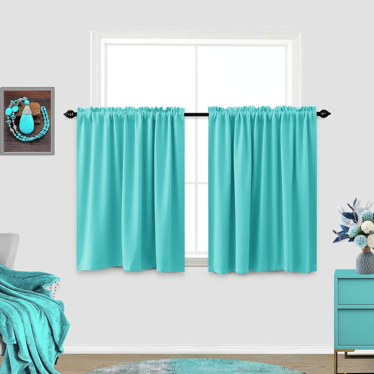 KOUFALL Sage Green Curtains 24 Inch Length for Bathroom Window 2 Pack Rod Pocket Room Darkening Cafe Curtain Tiers Blackout Light Green Short Curtains for Small Windows 34 by 24 in Long  KOUFALL TEXTILE Turquoise 34X24 