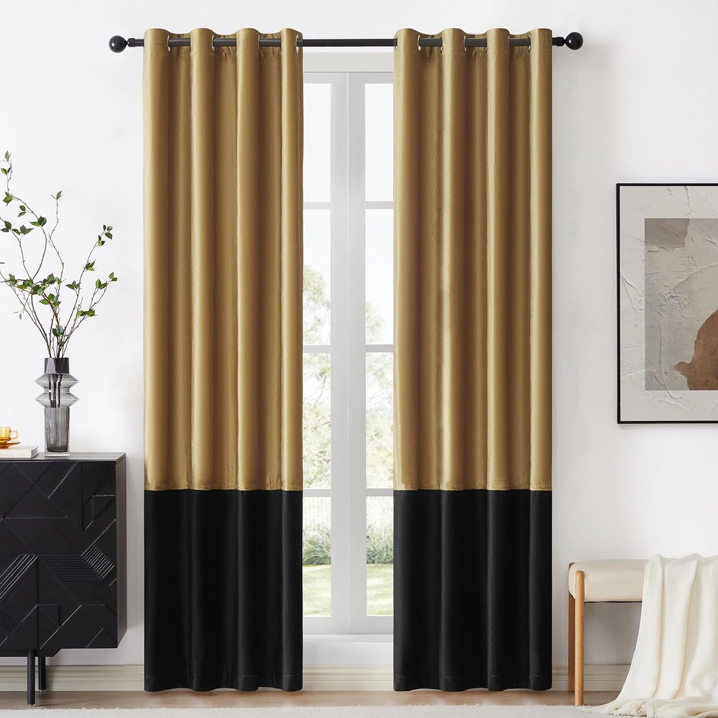BULBUL Color Block Window Curtains Panels 84 Inches Long Cream Ivory Gold Velvet Farmhouse Drapes for Bedroom Living Room Darkening Treatment with Grommet Set of 2  BULBUL Gold  Black 52"W X 96"L 