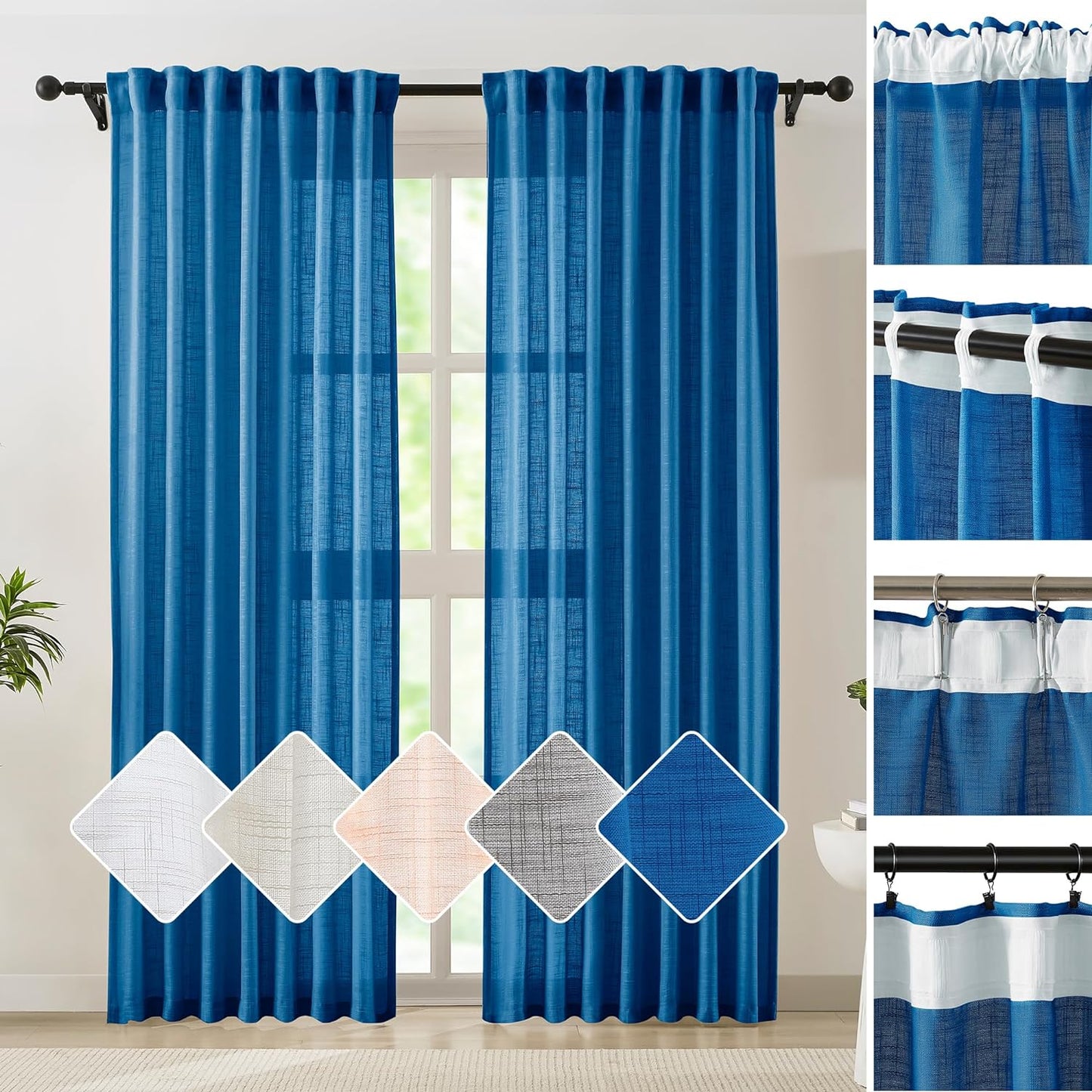 FMFUNCTEX Natural Semi-Sheer Curtains for Living Room Rich Linen Textured Look Window Curtain Draperies 52”W X63”L 2 Panels Grommet Top  Fmfunctex Multi Top - Blue 52" X 96" 2Pcs 