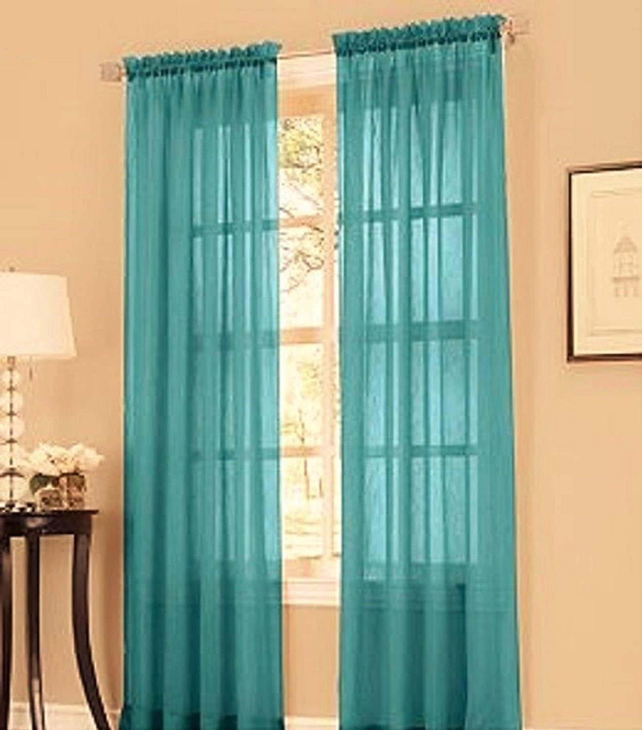 2 Piece Sheer Luxury Curtain Panel Set for Kitchen/Bedroom/Backdrop 84" Inches Long (White )  Jasmine Linen Teal  