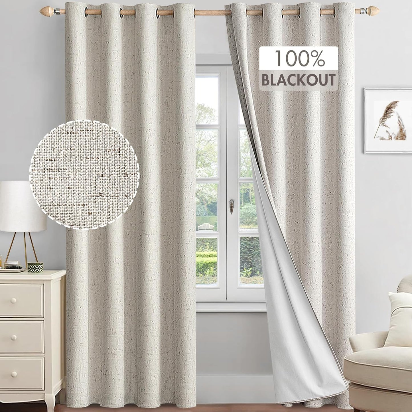 MIULEE Linen Textured 100% Blackout Curtains for Bedroom 84 Inches Long Natural Beige Thermal Insulated Black Out Curtains/Draperies with White Liner for Living Room/Nursery, Grommet Top, 2 Panels  MIULEE Ivory W52Xl80 