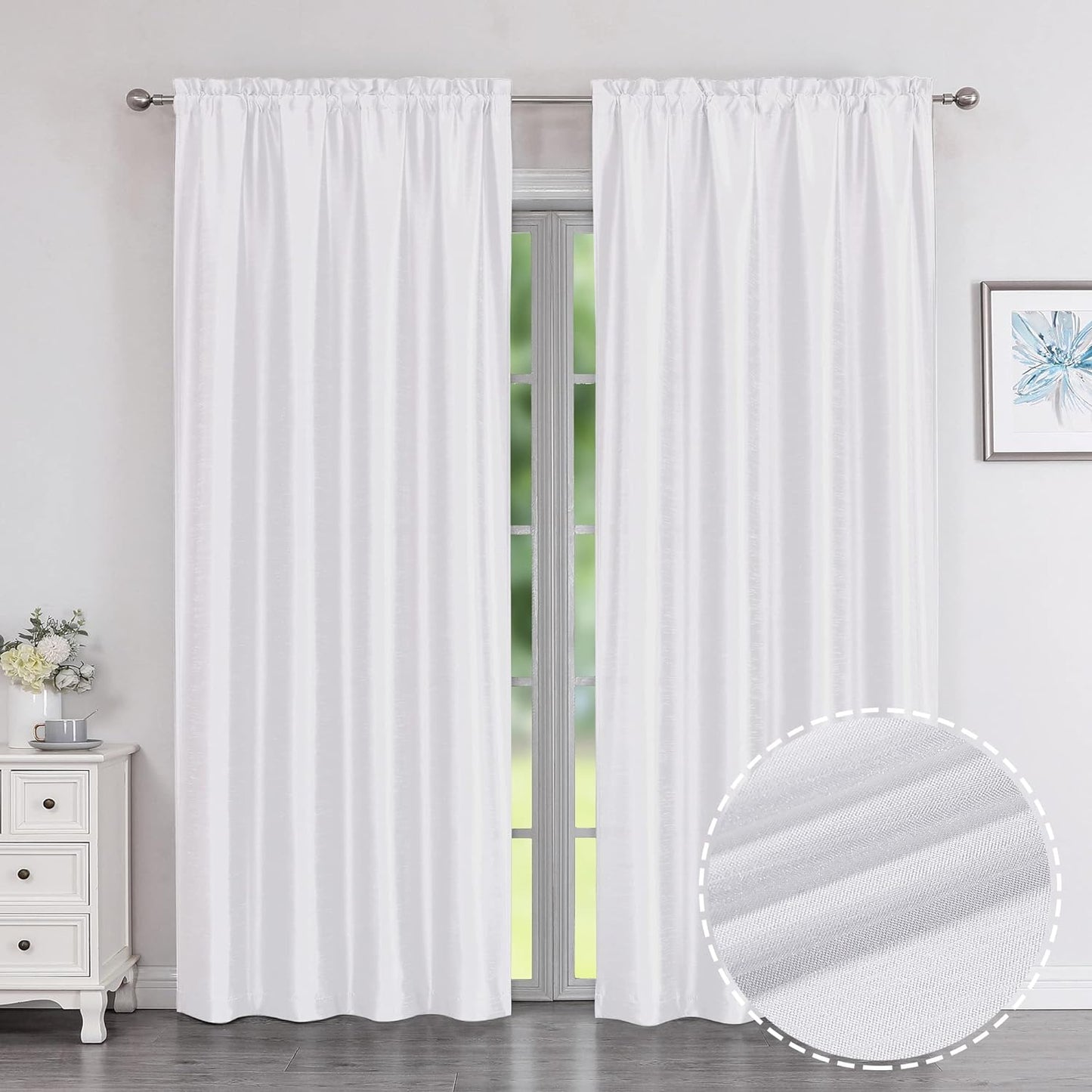 Chyhomenyc Uptown Sage Green Kitchen Curtains 45 Inch Length 2 Panels, Room Darkening Faux Silk Chic Fabric Short Window Curtains for Bedroom Living Room, Each 30Wx45L  Chyhomenyc White 2X40"Wx84"L 