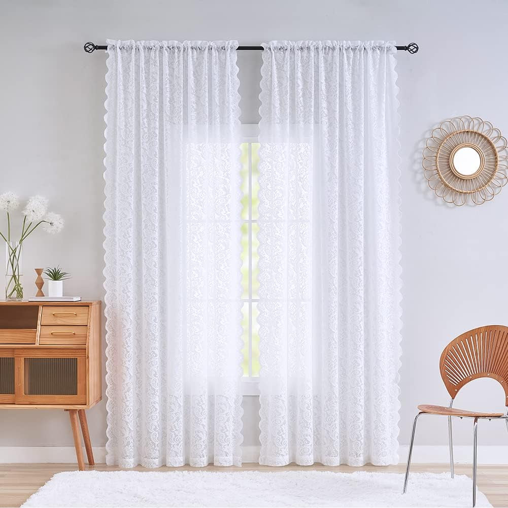 ALIGOGO White Lace Curtains 84 Inches Long-Vintage Floral Luxury Lace Sheer Curtains for Living Room 2 Panels Rod Pocket 52 W X 84 L Inch,White  ALIGOGO White 1 52" W X 90" L 