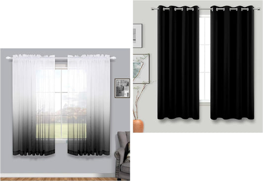 KOUFALL 63 Inch Black Room Darkening Blackout Curtains and Ombre Sheer Curtains Bundle for Living Room Bedroom  KOUFALL   