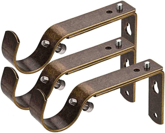 Curtain Rod Bracket Set of 3 for 1 or 1 1/8 Inch Rods, Adjustable - Antique Brass