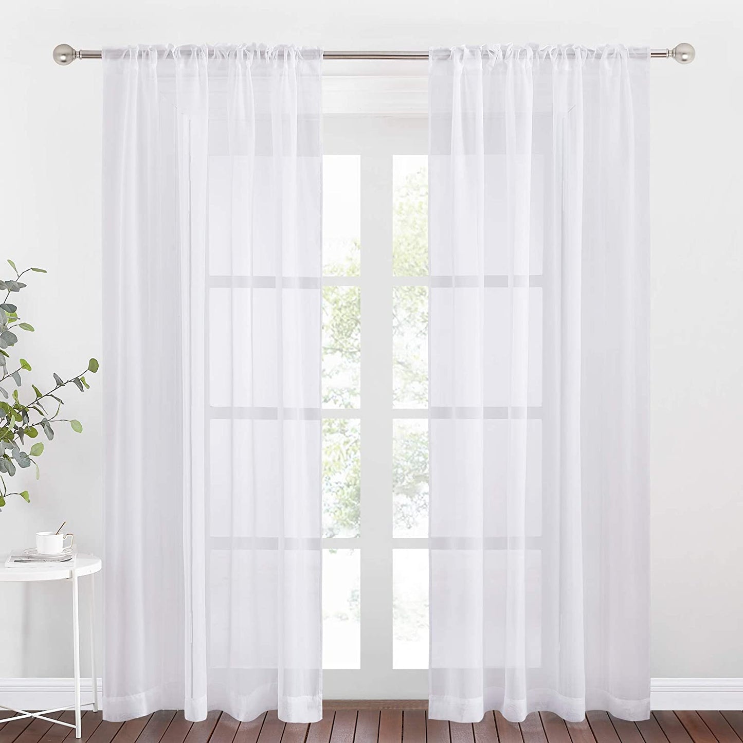 NICETOWN White Semi Sheer Curtains for Living Room- Linen Texture Light Airy Drapes, Rod Pocket & Back Tab Design Voile Panels for Large Window, Set of 2, 55 X 108 Inch  NICETOWN White W54 X L95 