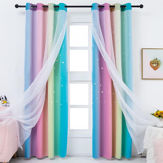 Anjee Rainbow Curtains for Girls Bedroom Double Layer Blackout Curtains Grommets Top Star Cutout Ombre Window Drapes with Sheer for Living Room 2 Panels in 52 X 84 Inch Length, Pink and Yellow  Anjee Ombre W52" X L63" 