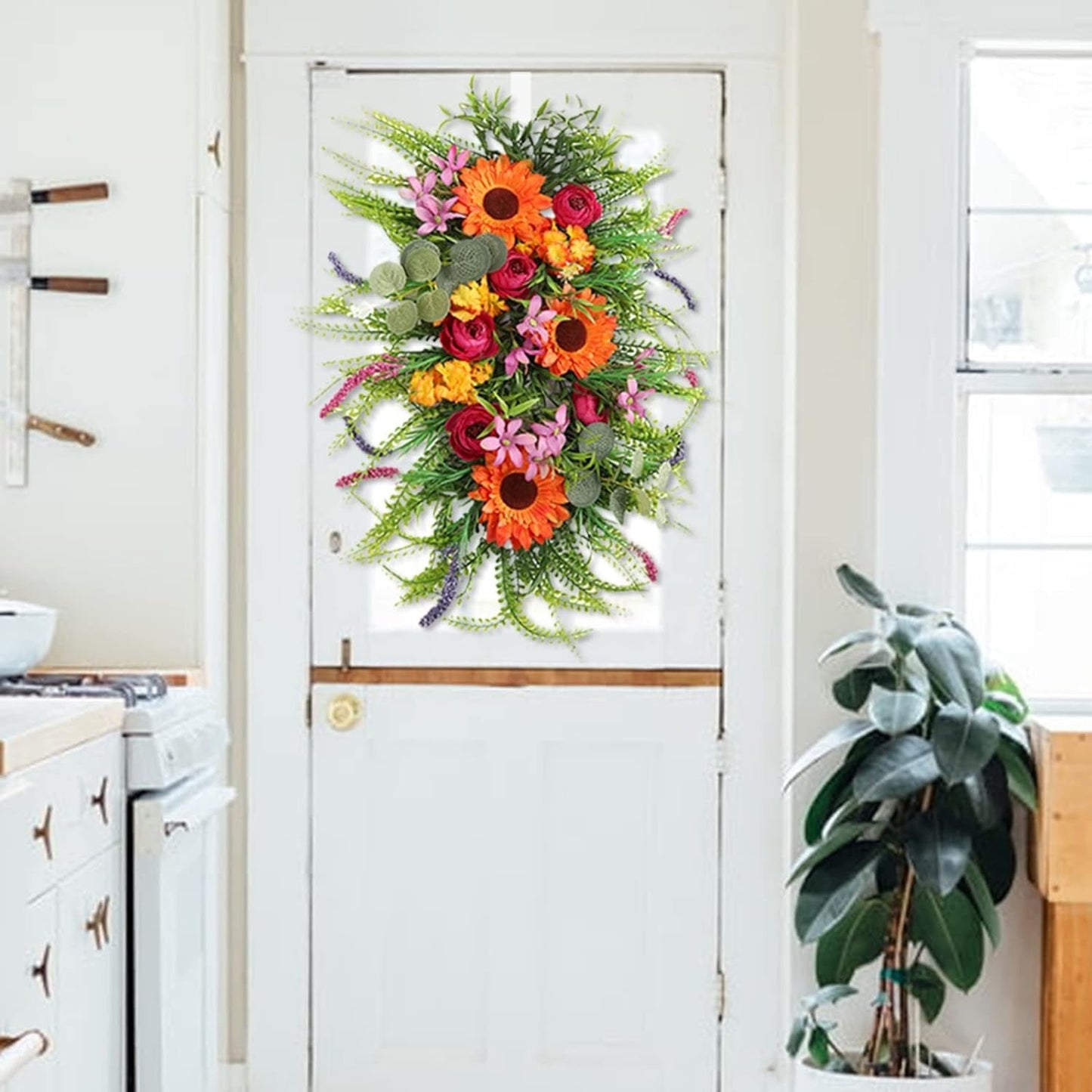 Autumn Sunflower Swag for Front Door, Floral Large Spring Summer Door Swag Wreath, Artificial Flowers and Green Leaves Wreath Decor, Welcome Wreath for Home Porch Farmhouse