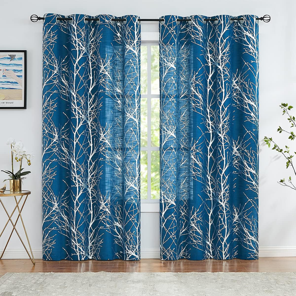 FMFUNCTEX Blue White Curtains for Kitchen Living Room 72“ Grey Tree Branches Print Curtain Set for Small Windows Linen Textured Semi-Sheer Drapes for Bedroom Grommet Top, 2 Panels  Fmfunctex Semi-Sheer: Navy + Foil Silver 50" X 63" |2Pcs 