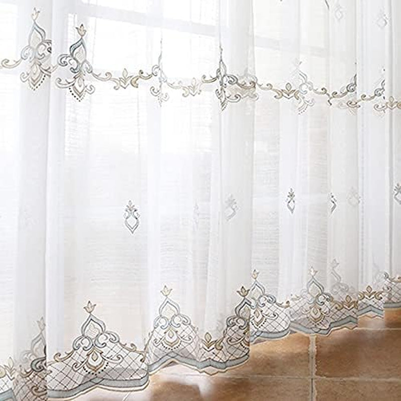 Embroidery Sheer Curtains W100 X L96 Inches Length 2 Panels Pinch Pleated Embroidered Light Filtering Floral Semi Sheer Voile Window Curtains/Drapes Scalloped Bottombedroom Living Room Slidin  AZIMUZIXI   