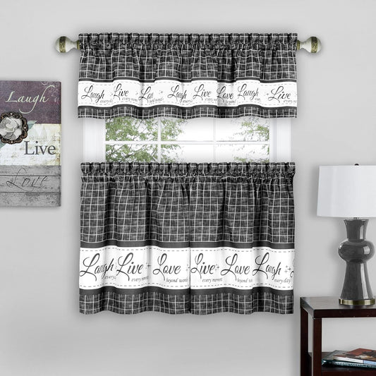 Tier and Valance Window Curtain Set - 58 Inch Width, 24 Inch Length - Live, Love, Laugh (Charcoal) - Light Filtering Drapes for Kitchen, Bedroom, Living & Dining Room by Achim Home Decor
