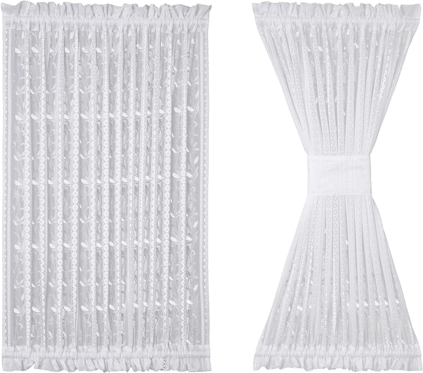 2 Pcs White Lace French Door Curtain Leaves Knitted Textured Voile Curtains 72 Inch Long Light Filtering Floral Sidelight Curtain Panel for Siding Glass Door Patio Front Door Tie-Backs Included  RLoncomix White 52" X 72" 1 Pc 