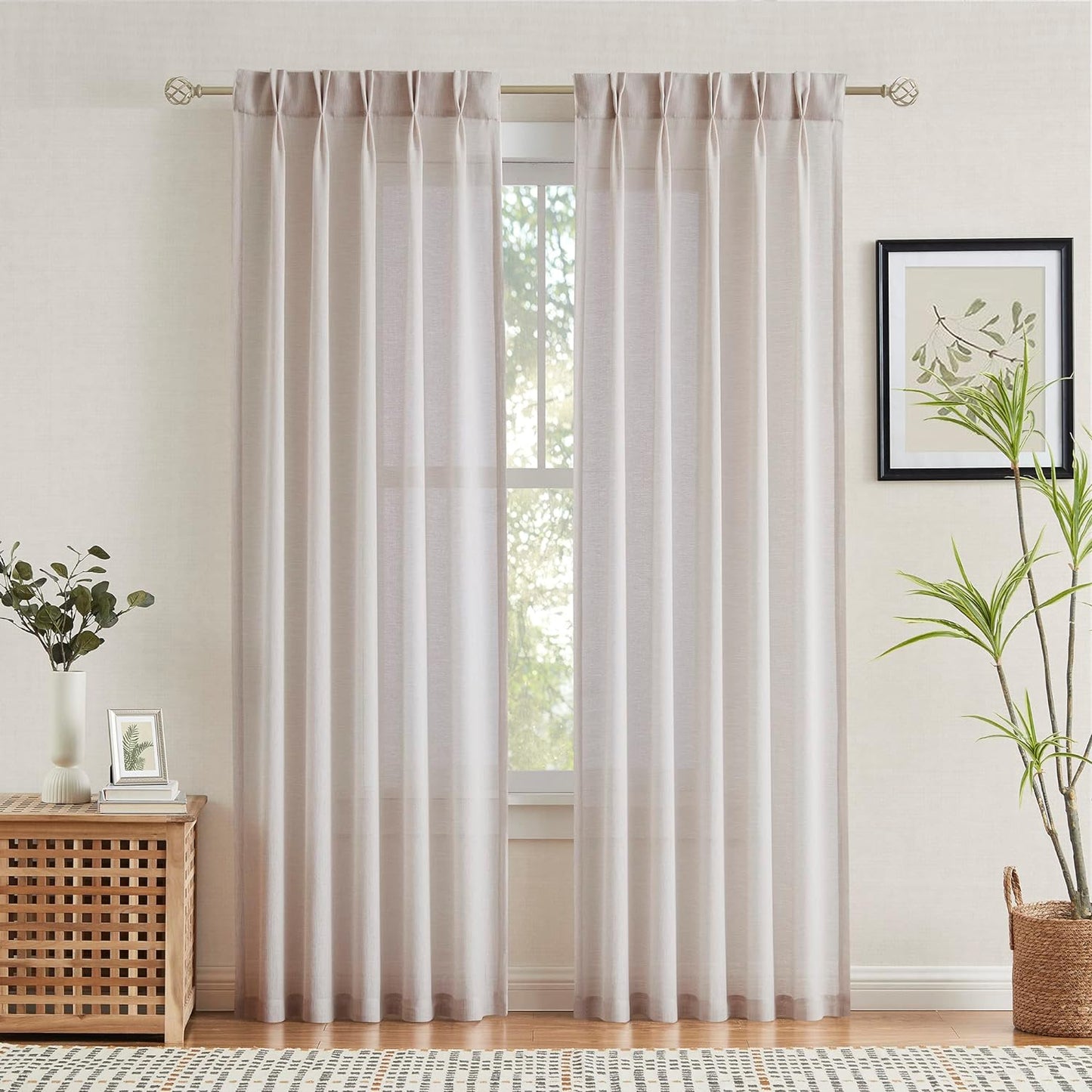 Enactex Linen Textured Pinch Pleat 25 X 84 Inch Semi Sheer Back Tab Curtains Light Filtering Drapes for Living Room Farmhouse Privacy Protect Window Treatments for Bedroom Patio Door 2 Panels, Tan  Enactex Natural 25"X95"X2 
