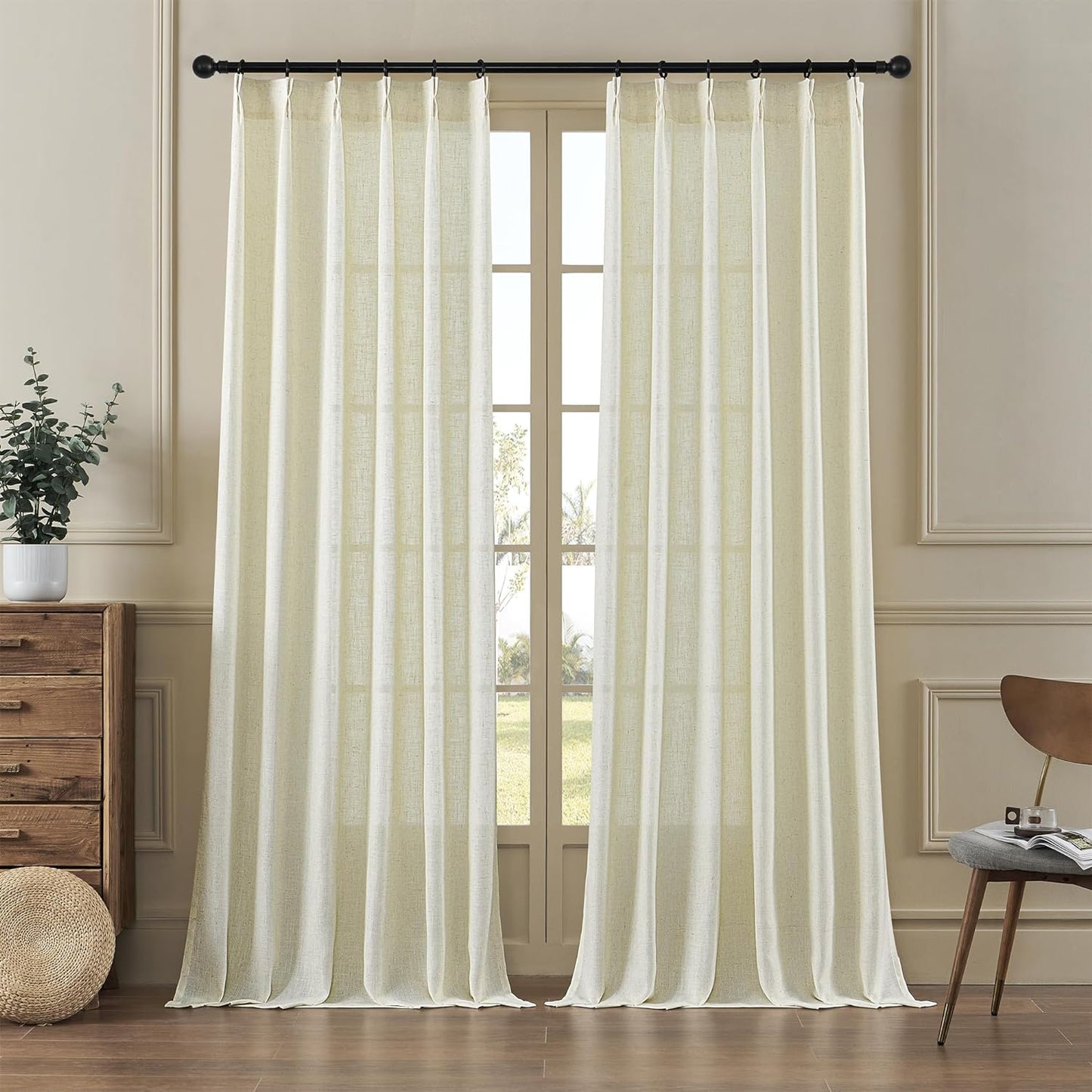 MASWOND White Pinch Pleated Curtains 90 Inches Long 2 Panels for Living Room Semi Sheer Linen Curtains Pinch Pleat Drapes for Traverse Rod Light Filtering Curtains for Dining Bedroom W38Xl90 Length  MASWOND Linen 38X108 