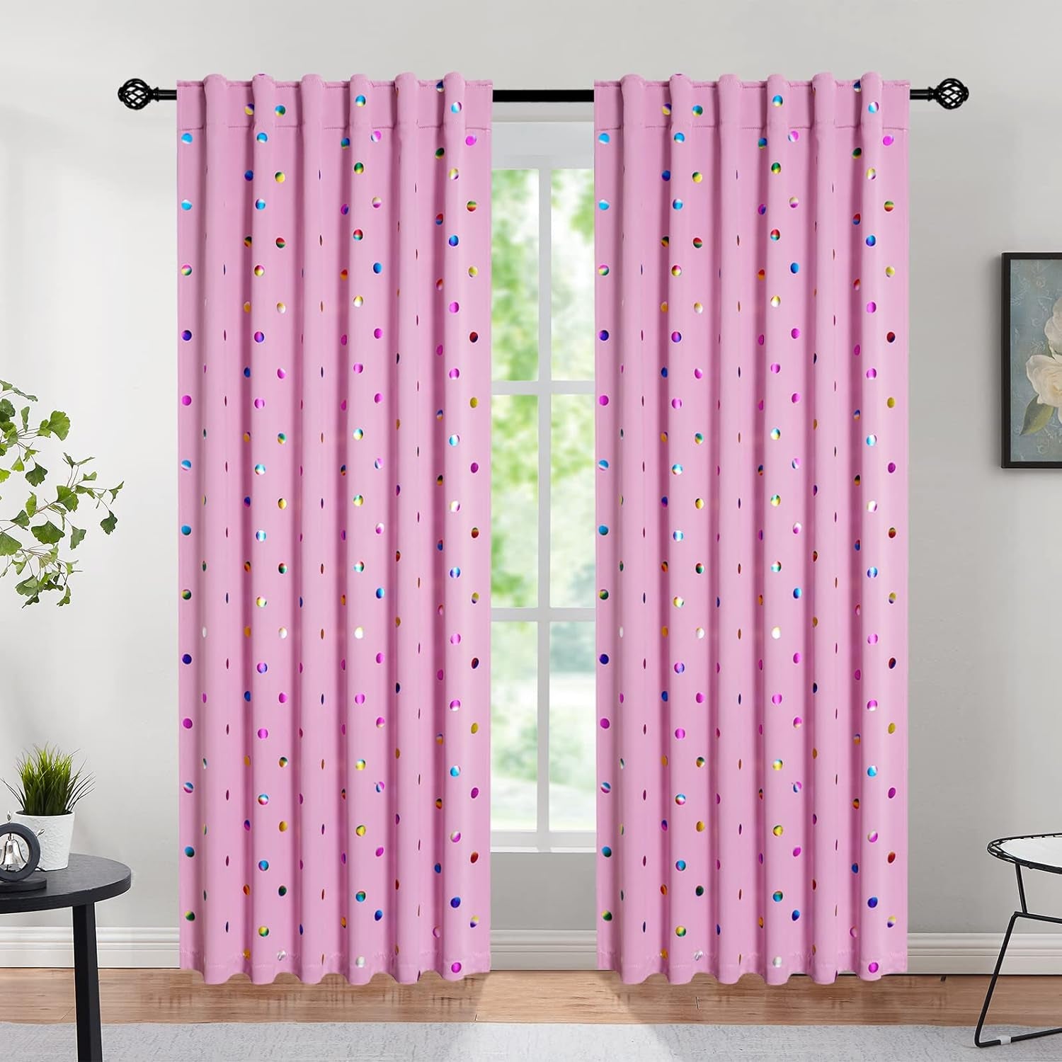 Black Blackout Curtains for Bedroom Living-Room Holiday Season Metallic Polka Dots Pattern Curtains for Nursery 52 X 95 Inch Grommet Triple Weave Thermal Insulated Draperies for Kids Bedroom, 2Pcs  Urban Lotus Rod-Pink 52"X95" 