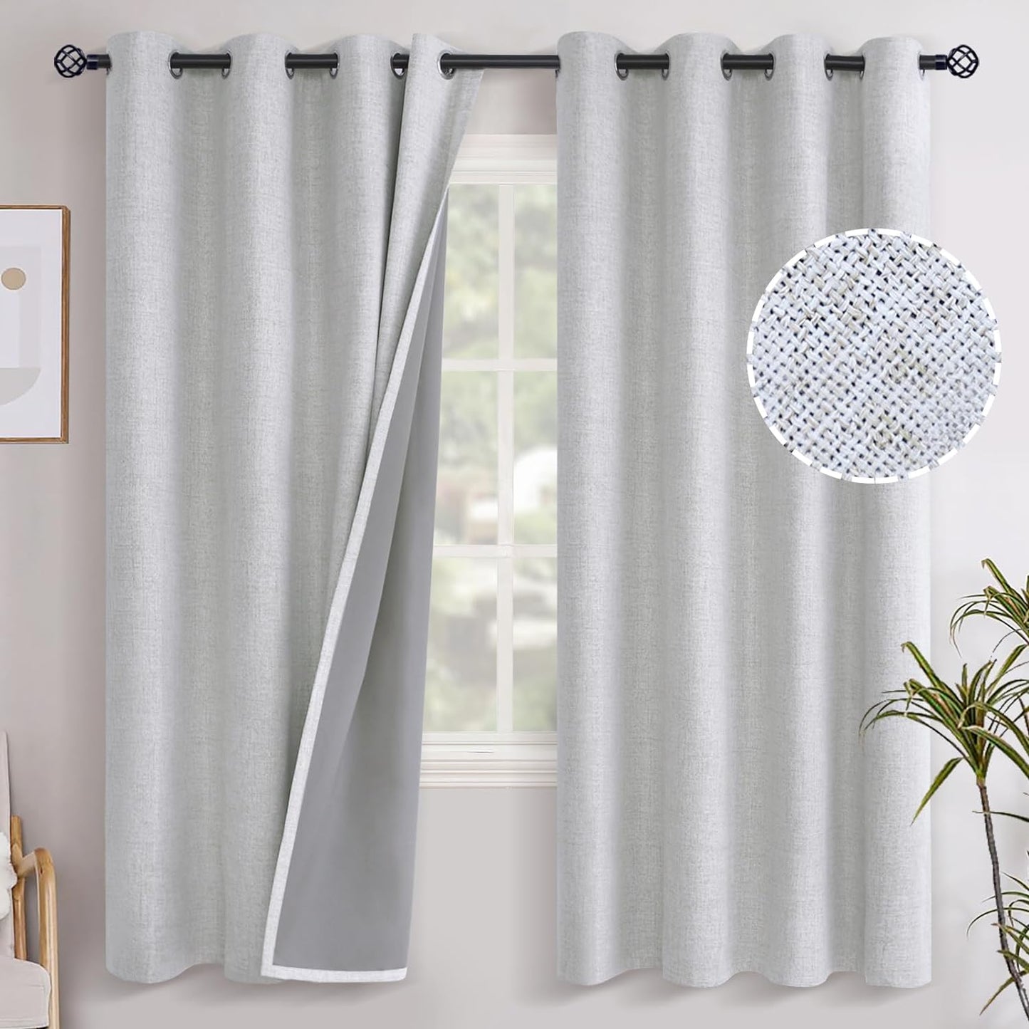 Youngstex Linen Blackout Curtains 63 Inch Length, Grommet Darkening Bedroom Curtains Burlap Linen Window Drapes Thermal Insulated for Basement Summer Heat, 2 Panels, 52 X 63 Inch, Beige  YoungsTex Linen 52W X 72L 