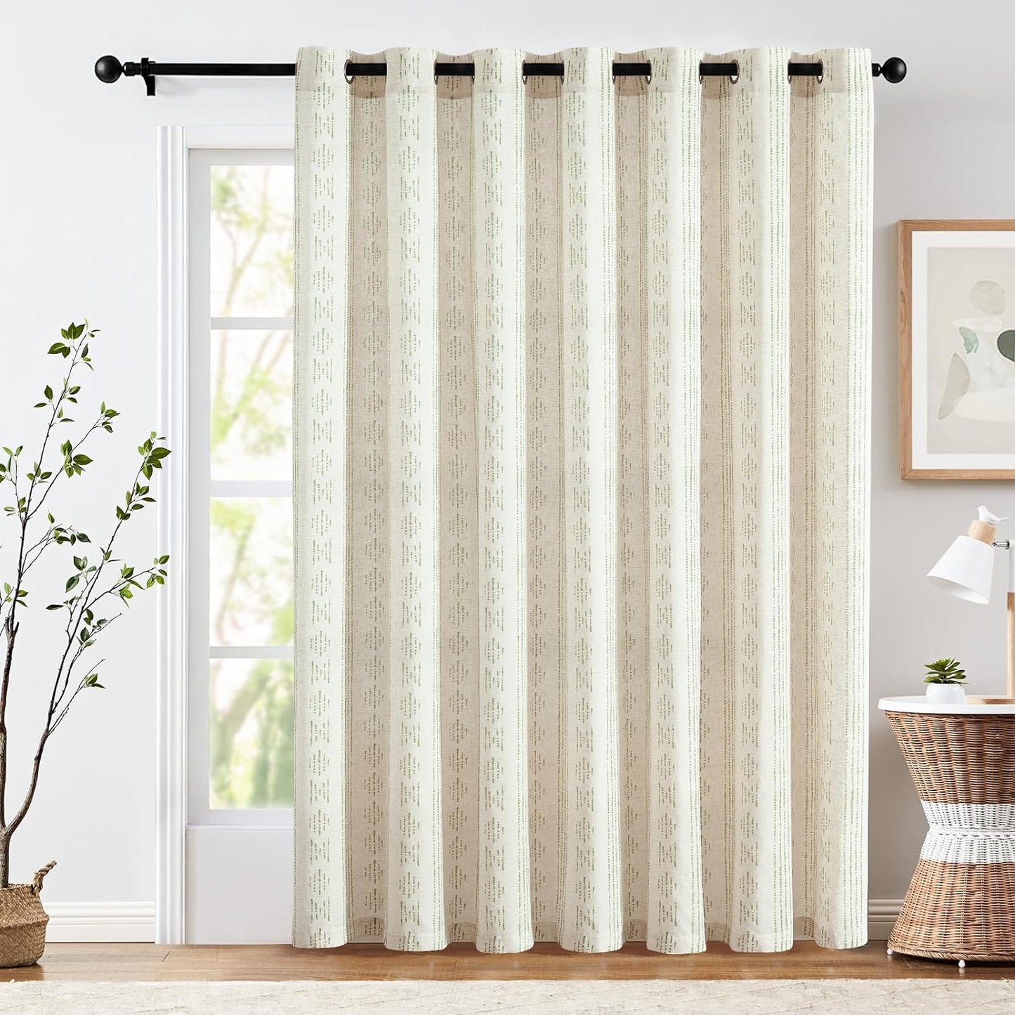 Jinchan Boho Curtains Linen Sliding Patio Door Curtains 84 Inches Long 1 Panel Divider Drapes Extra Wide Black Farmhouse Curtains for Living Room Geometric Striped Light Filtering Grommet Curtains  CKNY HOME FASHION Boho| Sage On Flax W100 X L84 