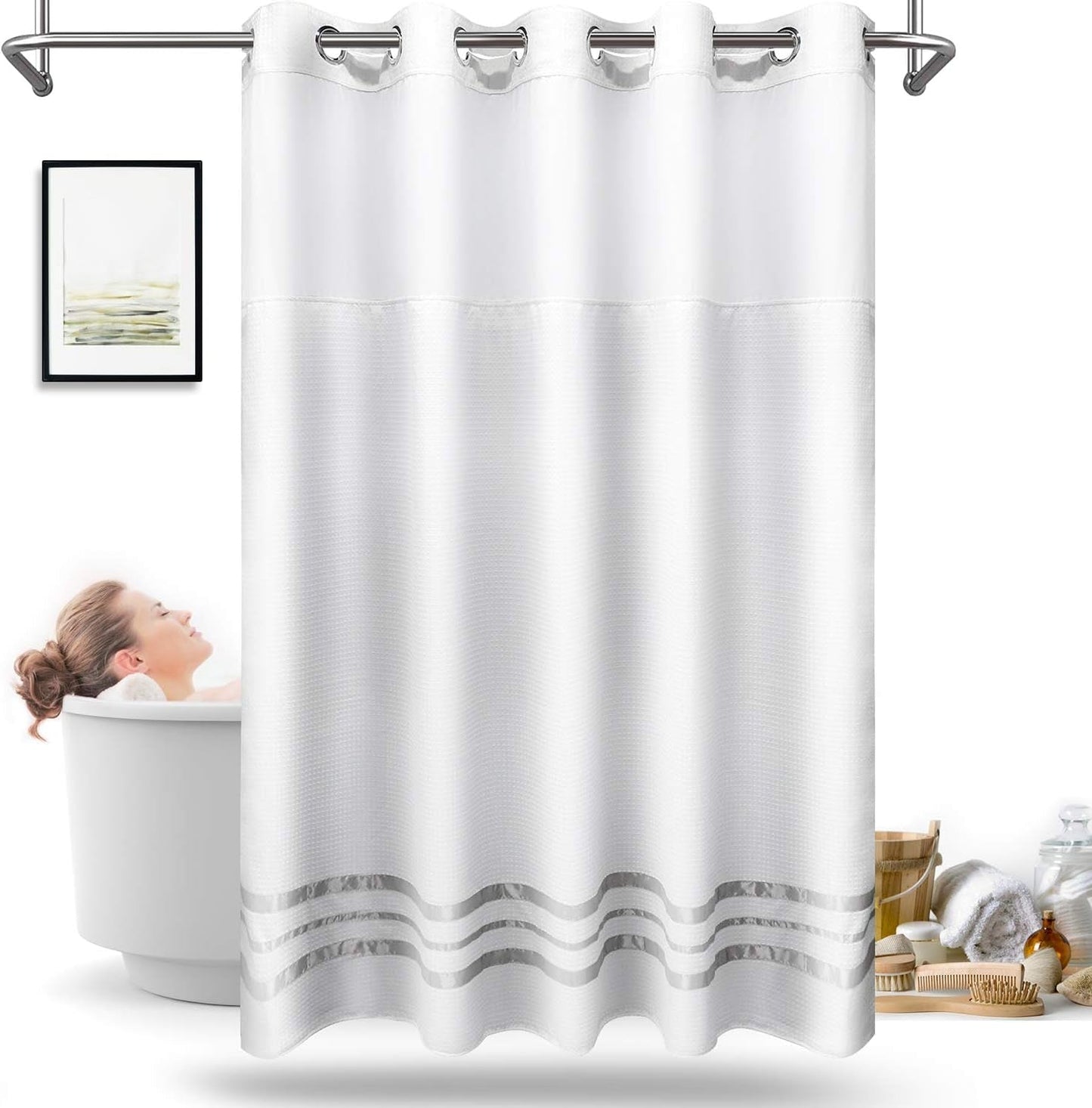 ARICHOMY 2023 Upgraded Shower Curtain Set Waffle Weave Curtain Fabric Shower Curtain Set Hook Free Removeable Liner, 250GSM Machine Washable 71By 74Inch, White