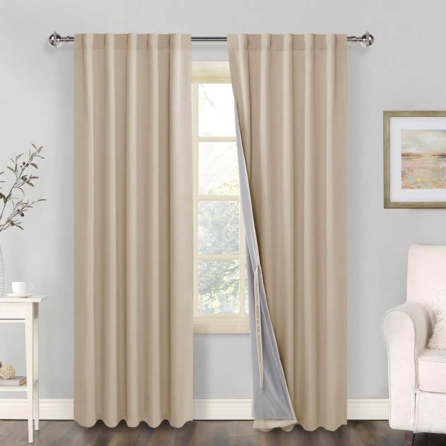 100% Blackout Curtains 2 Panels with Tiebacks- Heat and Full Light Blocking Window Treatment with Black Liner for Bedroom/Nursery, Rod Pocket & Back Tab，White, W52 X L84 Inches Long, Set of 2  XWZO Beige W42" X L84"|2 Panels 