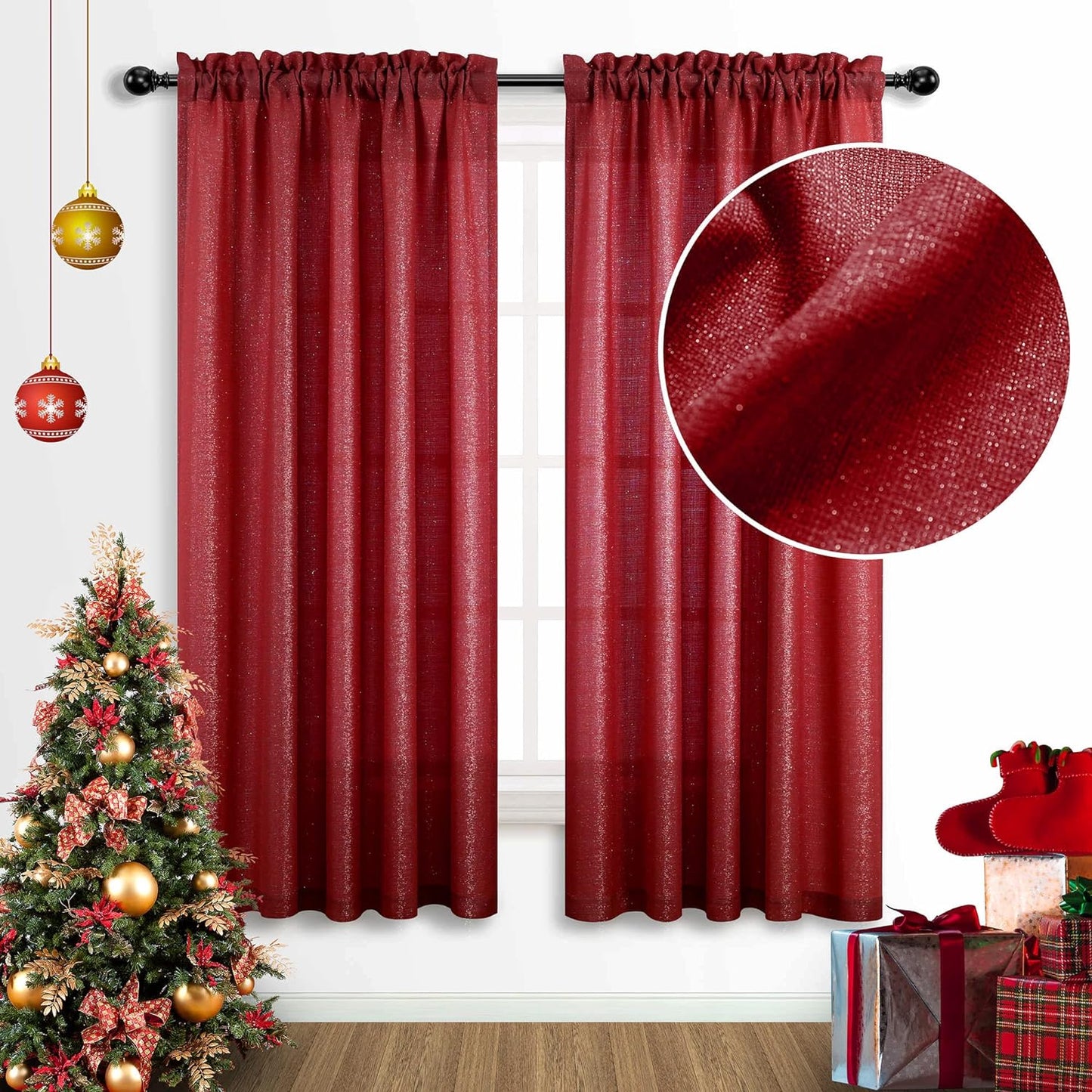 Gold Curtains 84 Inch Length for Living Room 2 Panels Set Rod Pocket Window Decor Semi Sheer Luxury Sparkle Shimmer Shiny Glitter Brown Golden Mustard Curtains for Bedroom 52X84 Long Christmas Decor  MRS.NATURALL TEXTILE Red 52X63 