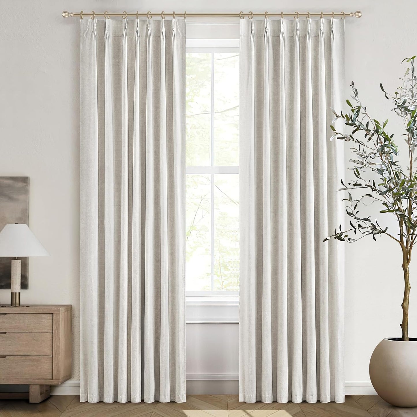 Natural Linen Pinch Pleated Blackout Curtains & Drapes 96 Inch Long Bedroom/Livingroom Farmhouse Curtains 2 Panel Sets, Neutral Track Room Darkening Thermal Insulated 8Ft Back Tab Window Curtain  QJmydeco Birch 40"W X 63"L X 2 Panels 