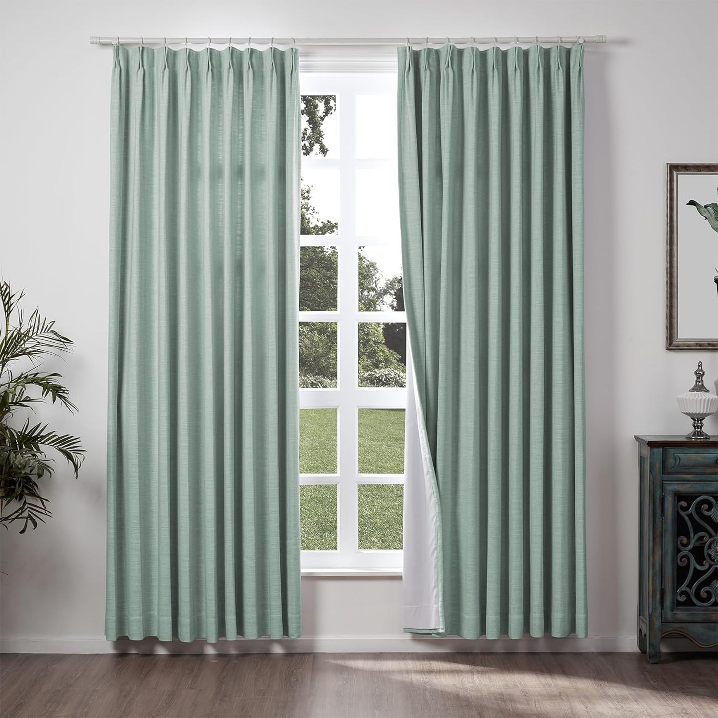 Chadmade 50" W X 63" L Polyester Linen Drape with Blackout Lining Pinch Pleat Curtain for Sliding Door Patio Door Living Room Bedroom, (1 Panel) Sand Beige Tallis Collection  ChadMade Pale Blue (33) 120Wx84L 