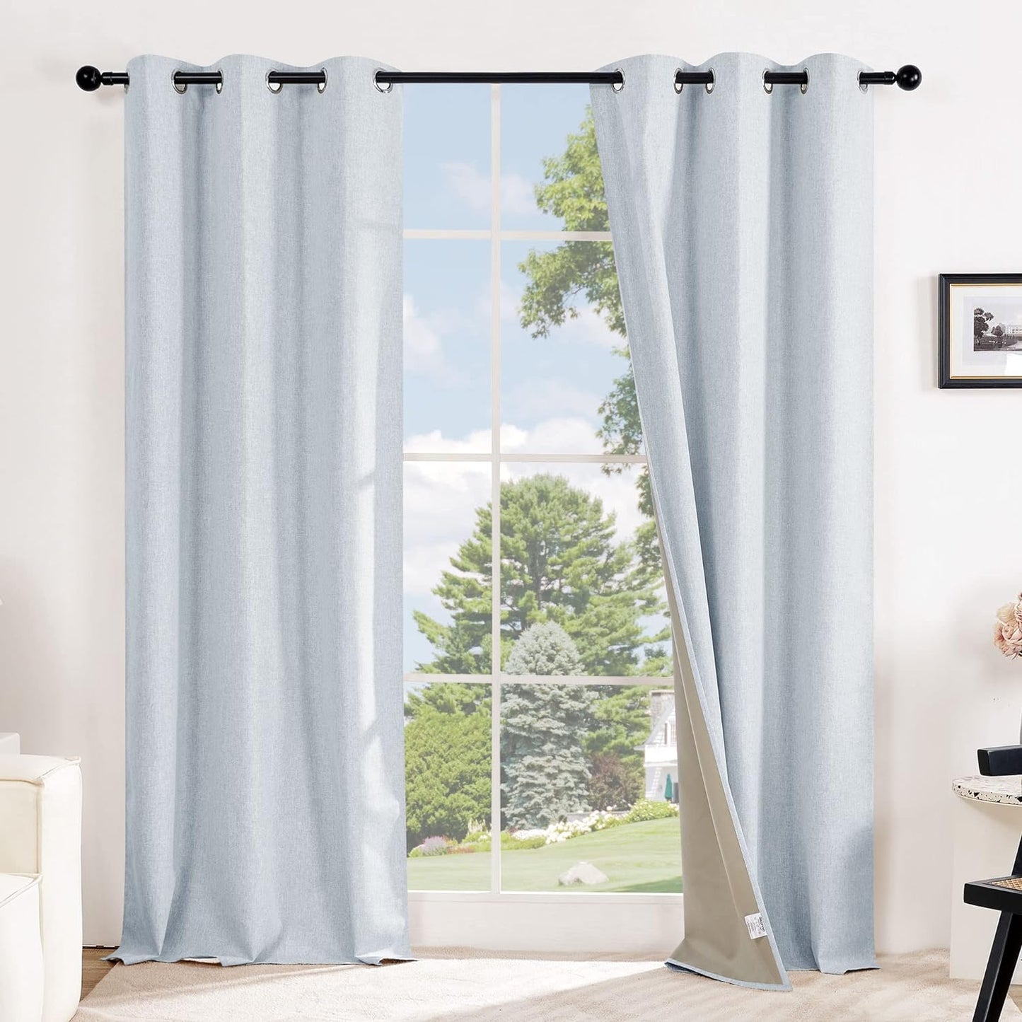 Deconovo Faux Linen Total Blackout Curtains 63 Inches Length, Light Blue, Grommet Thermal Insulated Curtain, Noise Reduction Draperies for Bedroom Living Room, 52" W X 63" L, 1 Pair  DECONOVO Light Blue 42Wx63L Inch 