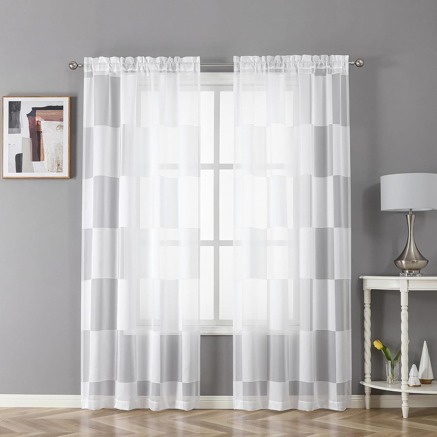 OVZME Sage Green Sheer Bedroom Curtains 84 Inch Length 2 Panels Set, Dual Rod Pocket Clip Checkered Window Curtains for Living Room, Light Filtering & Privacy Sheer Green Drapes, Each 42W X 84L  OVZME White 42W X 72L 