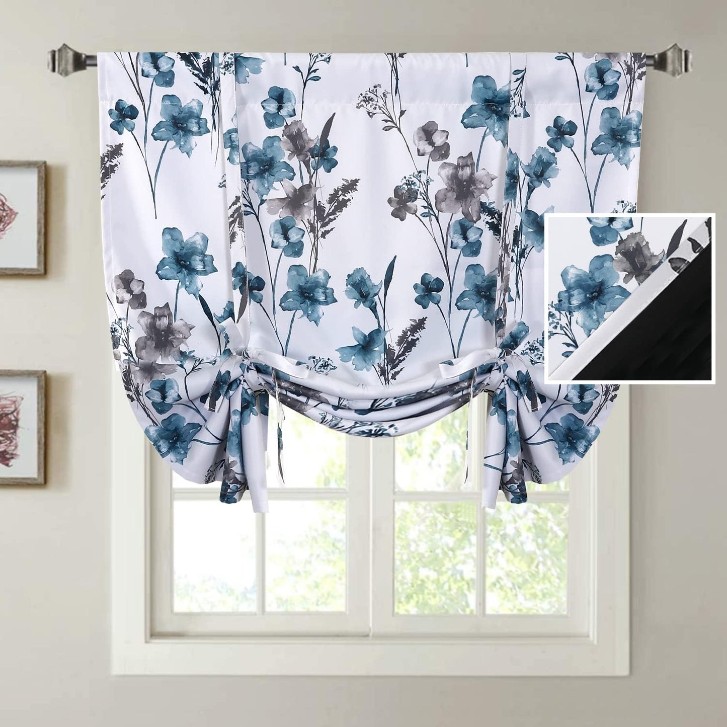 H.VERSAILTEX 100% Blackout Tie up Curtains for Bedroom Thermal Insulated Kitchen Curtains 45 Inches Long Rod Pocket Blackout Curtains for Small Window / Bathroom with Black Liner, White 42"W X 45"L  H.VERSAILTEX Cattleya In Grey/Blue 42"W X 45"L 