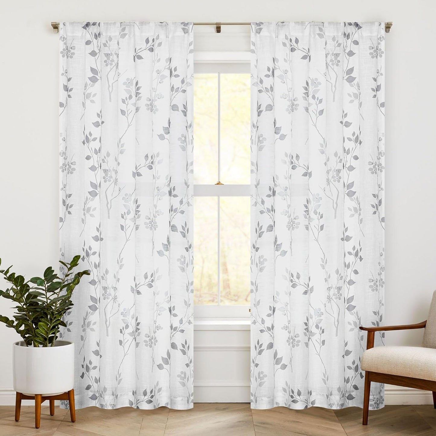 Beauoop Floral Semi Sheer Curtains 84 Inch Long for Living Room Bedroom Farmhouse Botanical Leaf Printed Rustic Linen Texture Panel Drapes Rod Pocket Window Treatment,2 Panels,50 Wide,Yellow/Gray  Beauoop Grey 50"X108"X2 