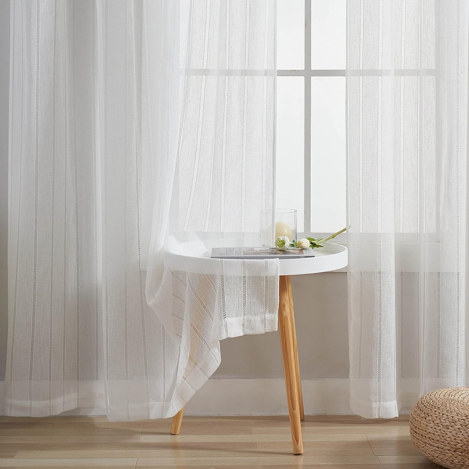 Home Brilliant White Sheer Curtains 45 Inch Length Striped Window Voile Curtains Stripes Panels for Bedroom Farmhouse Rustic Curtain, Set of 2, 54 Inch X 45 Inch, White  Home Brilliant   