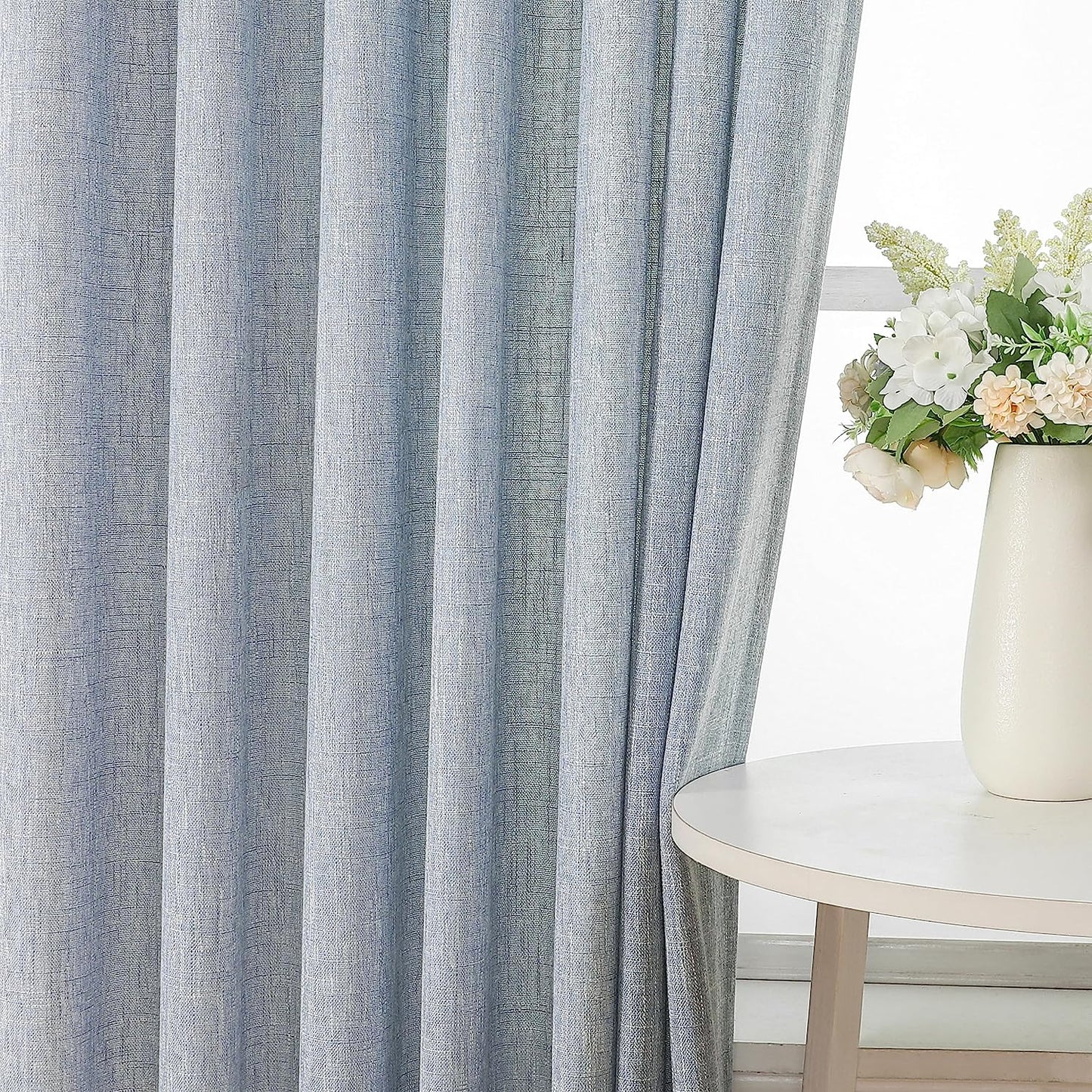 Vision Home Natural Pinch Pleated Semi Sheer Curtains Textured Linen Blended Light Filtering Window Curtains 84 Inch for Living Room Bedroom Pinch Pleat Drapes with Hooks 2 Panels 42" Wx84 L  Vision Home Chambray Blue/Pinch 40"X63"X2 