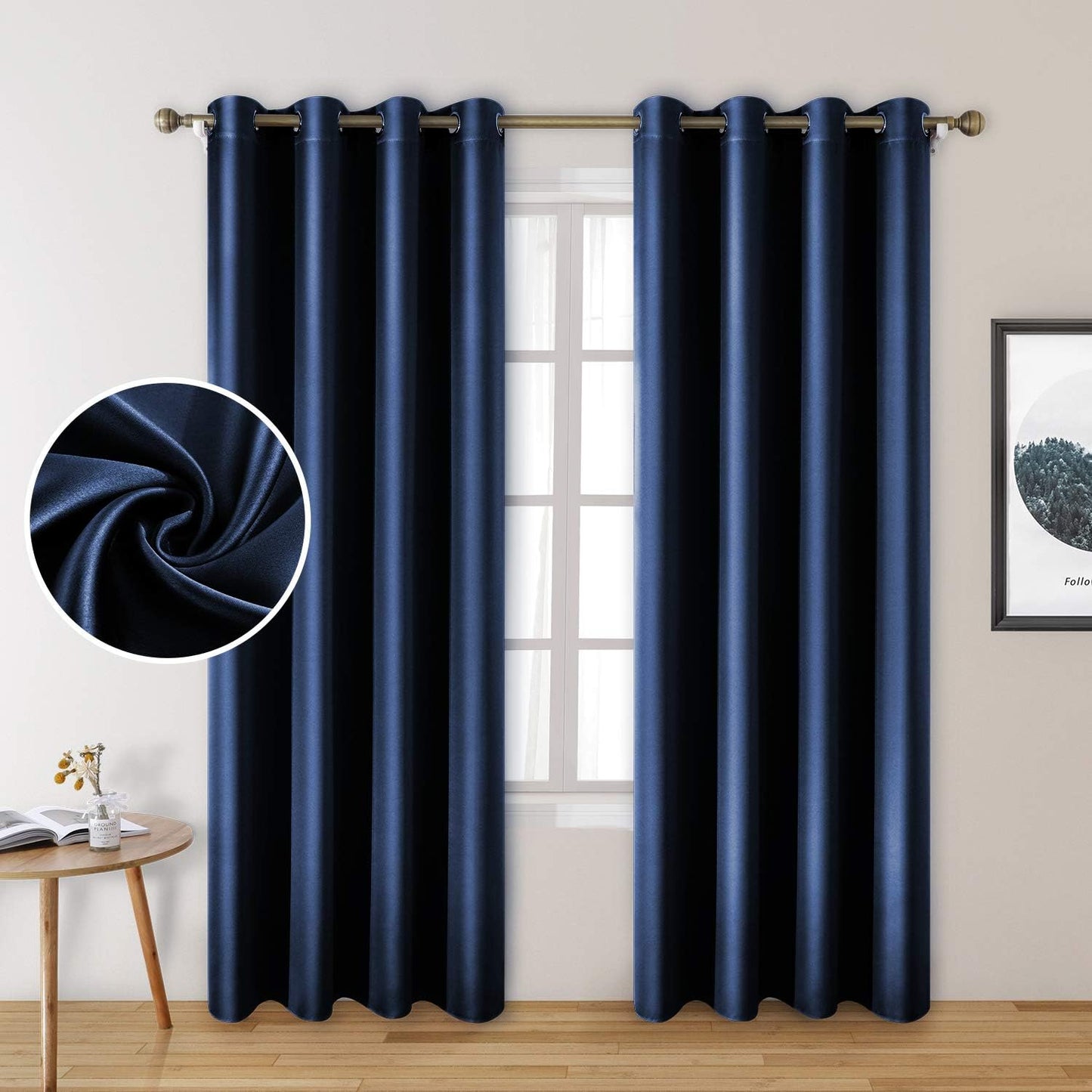 HOMEIDEAS Gold Blackout Curtains, Faux Silk for Bedroom 52 X 84 Inch Room Darkening Satin Thermal Insulated Drapes for Window, Indoor, Living Room, 2 Panels  HOMEIDEAS Navy Blue 52" X 84" 