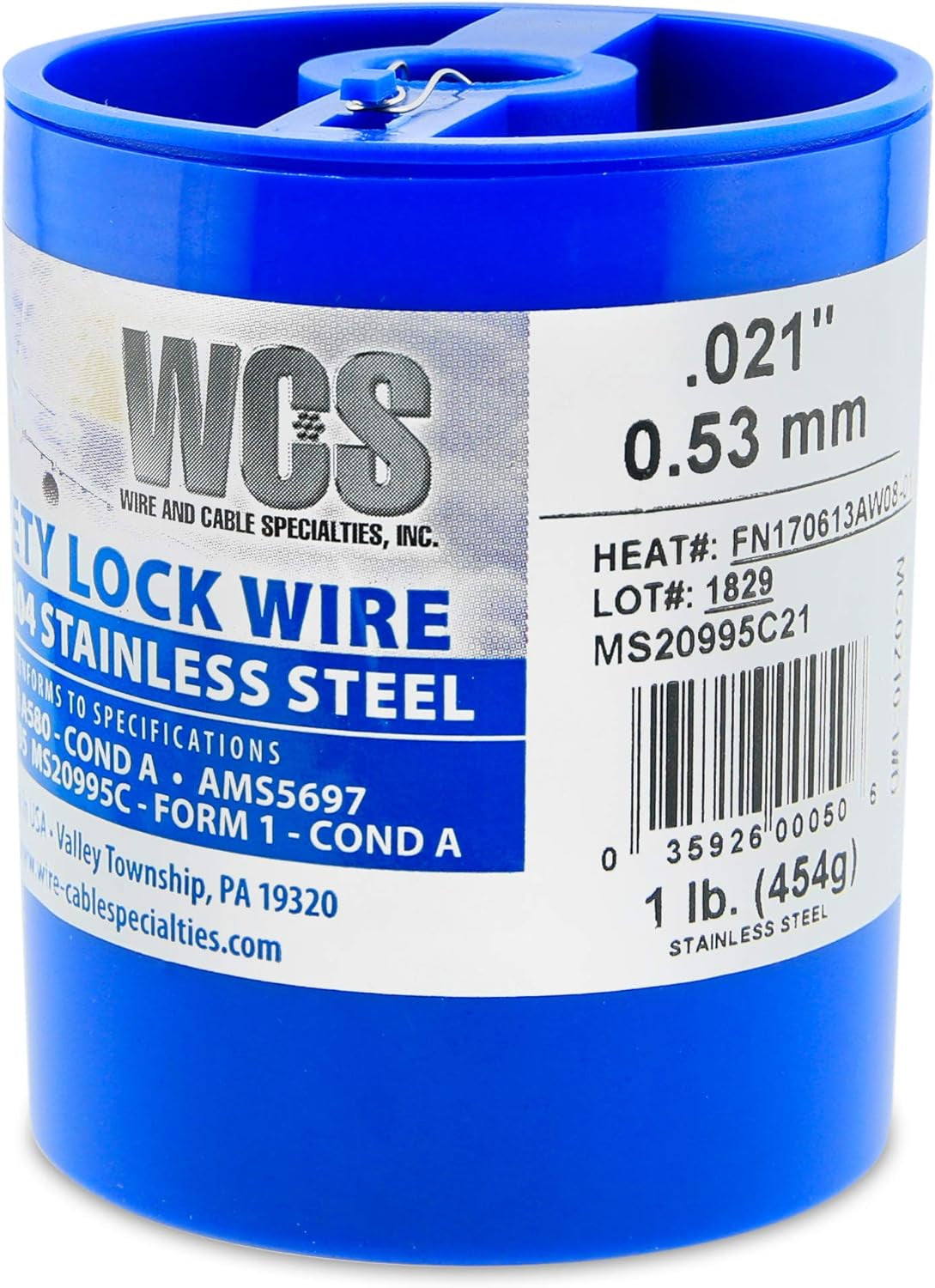 Lock Wire, T302/304 Stainless, NASM20995, MS20995C, ASTM A580 Cond A, AMS5697, 040 in (1.01 Mm), 1 Lb (0.45 Kg) Dispenser Can, Approx. 231 Ft (71 M)