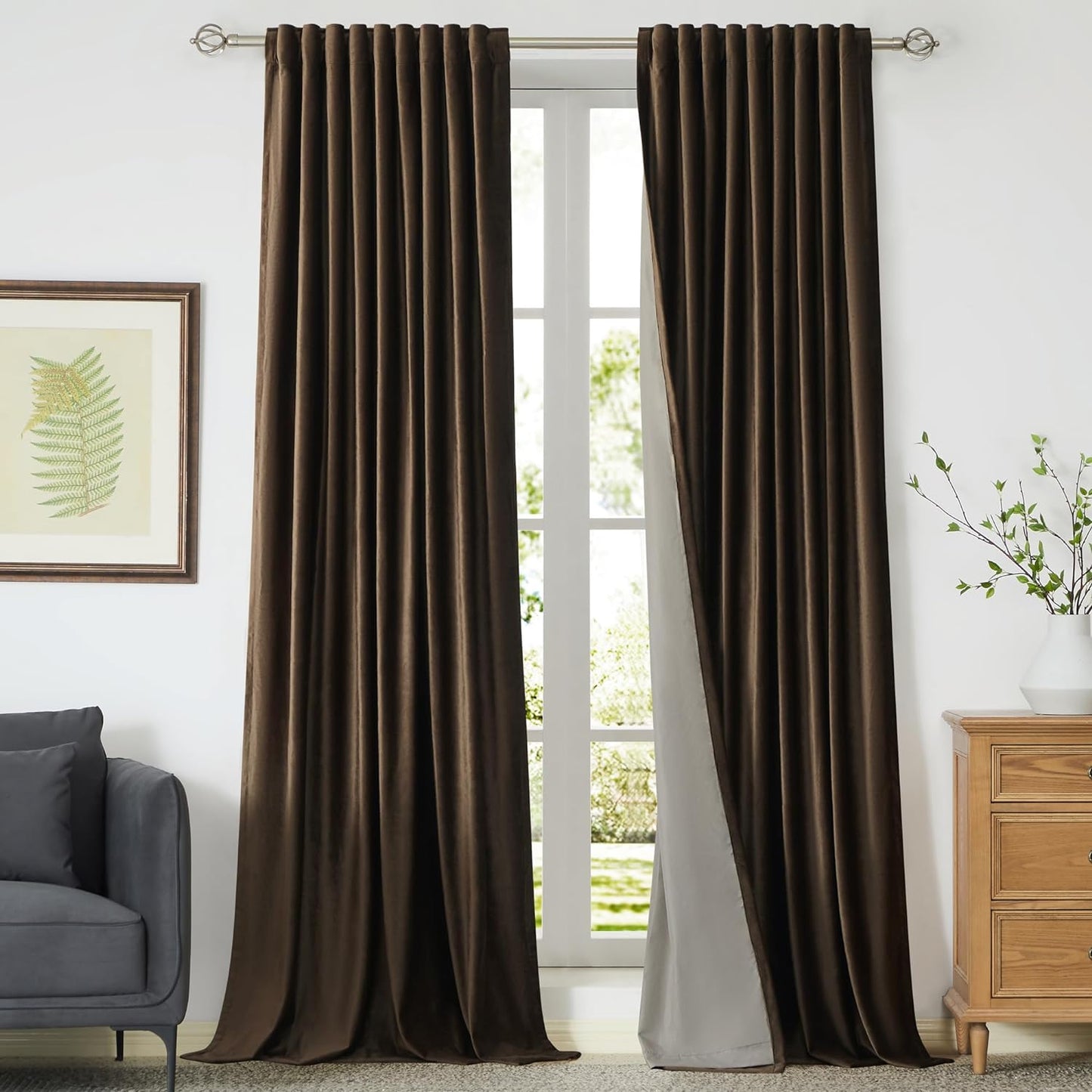 100% Blackout Ivory off White Velvet Curtains 108 Inch Long for Living Room,Set of 2 Panels Liner Rod Pocket Back Tab Thermal Window Drapes Room Darkening Heavy Decorative Curtains for Bedroom  PRIMROSE Brown 52X96 Inches 
