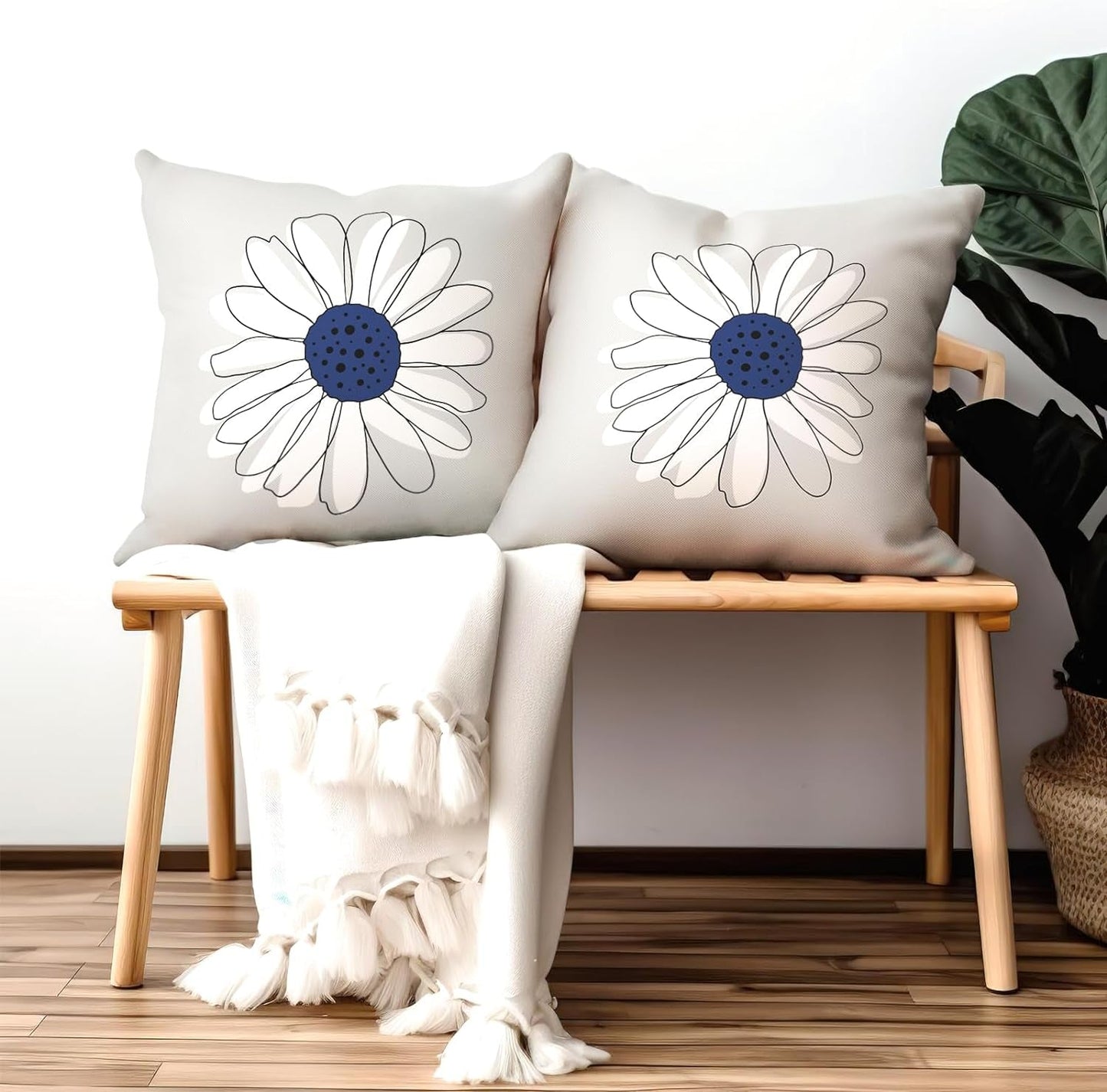 Summer Daisy Pillow Covers 16X16 Inch Blue Gray Throw Pillow Cases Seasonal Floral Pillowcase Flower Cotton Linen Outdoor Cushion Covers Home Decorations for Bed Sofa Couch Set of 2
