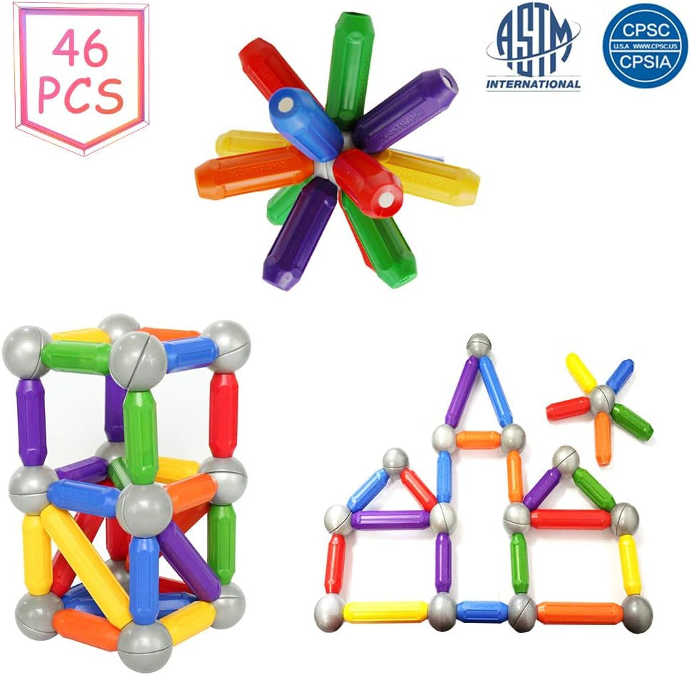 Bmag 46 PCS Magnetic Balls and Rods Set, Magnet Building Sticks Set, Building Blocks Tiles, STEM Stacking Toys for Kids,Juniors,Toddlers