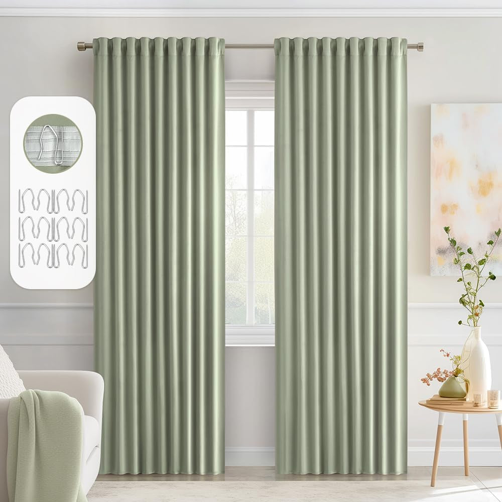MIULEE 2 Panels Back Tab Blackout Curtains 96 Inch Long for Living Room Bedroom, Black Rod Pocket/Pinch Pleated Thermal Insulated Room Darkening Light Blocking Floor to Ceiling Curtains/Drapes  MIULEE Sage Green W52" X L90" 