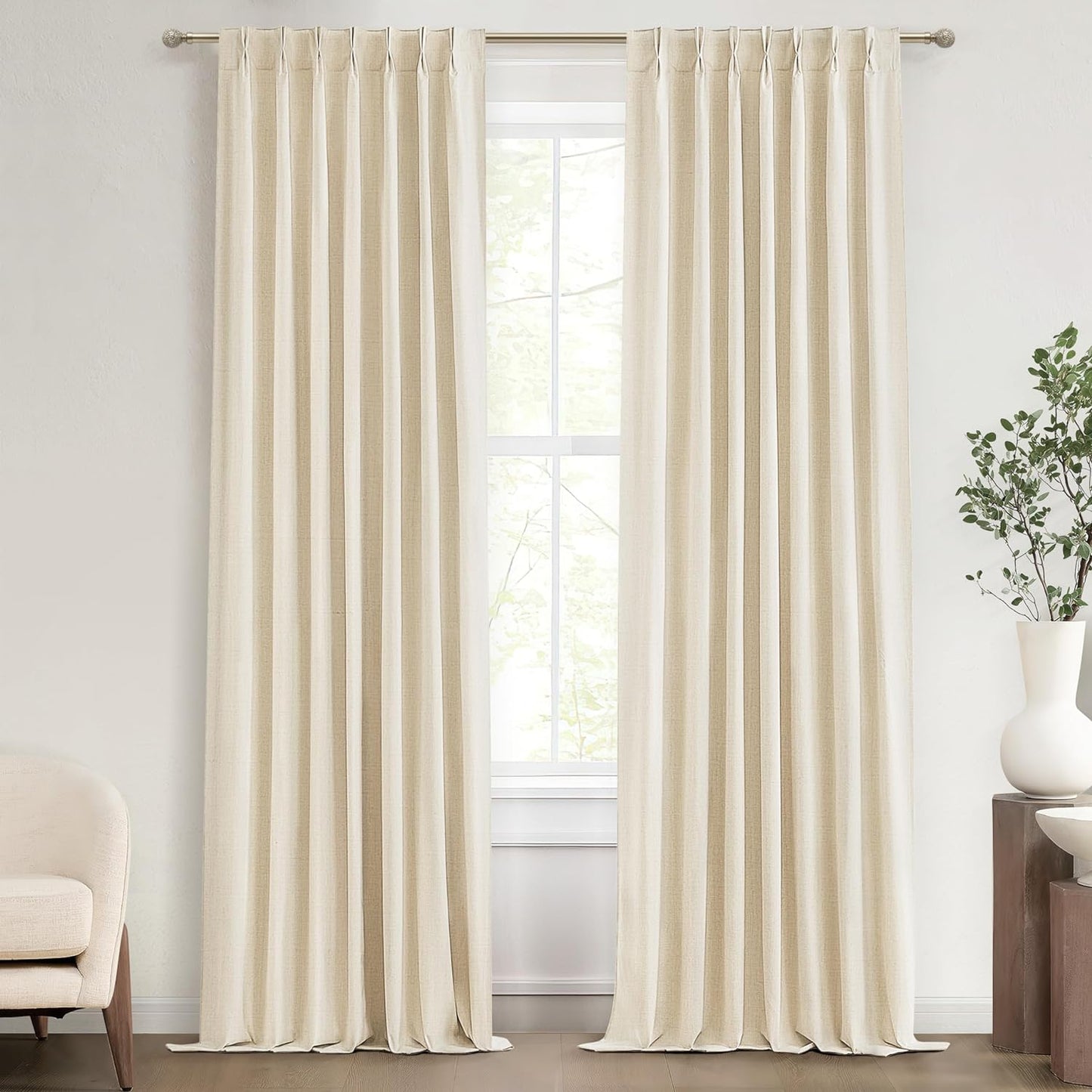 Natural Linen Pinch Pleated Blackout Curtains & Drapes 96 Inch Long Bedroom/Livingroom Farmhouse Curtains 2 Panel Sets, Neutral Track Room Darkening Thermal Insulated 8Ft Back Tab Window Curtain  QJmydeco Light Beige 40"W X 105"L X 2 Panels 